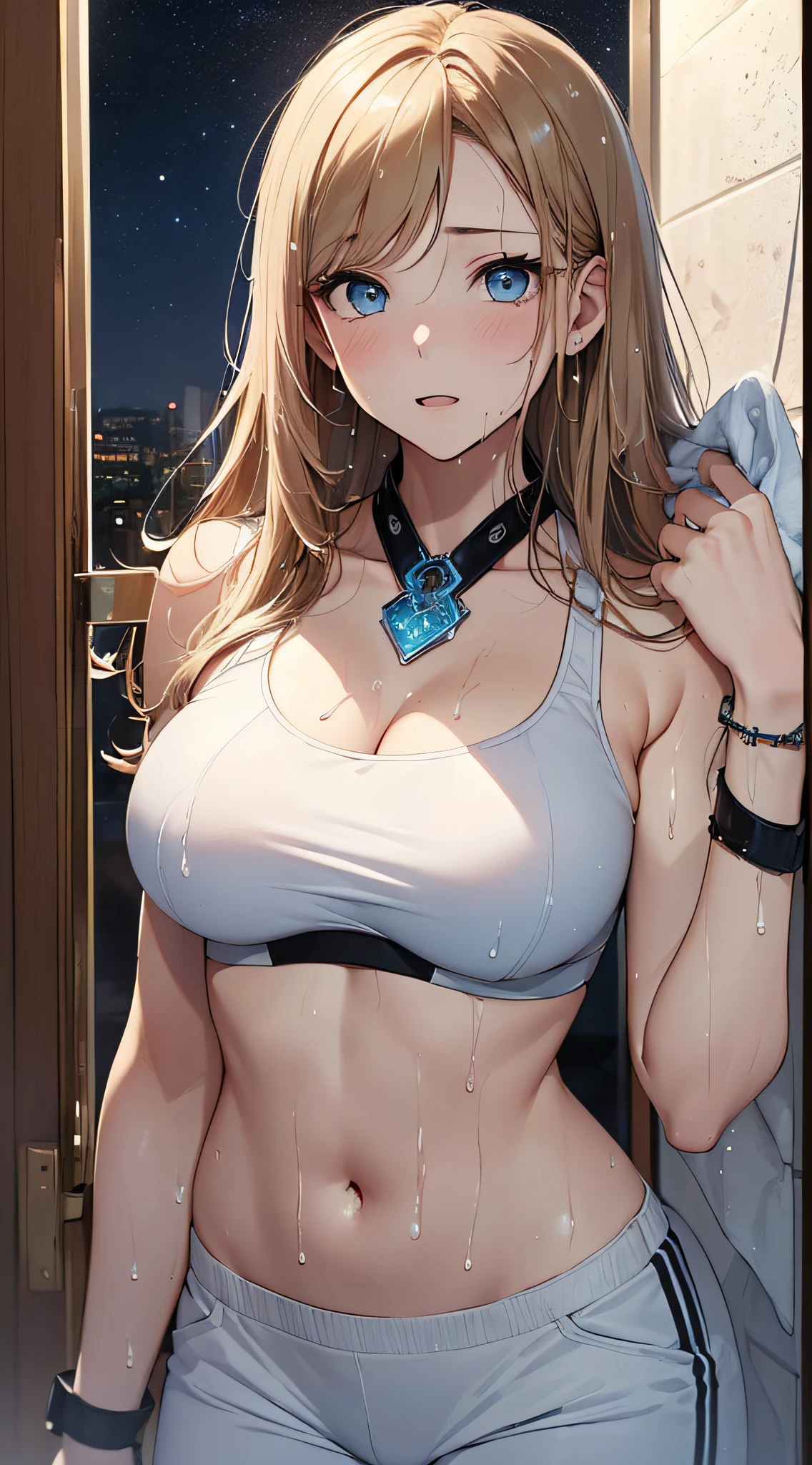 top-quality、Top image quality、masterpiece、girl with((18year old、 White sports bra、White pants、Best Bust、Bust 85、a blond、Semi-long、Blue eyes、open chest wide、Valley、Happiness、Black wristband on wrist、A slender、耳Nipple Ring、the whole body is wet、Hang a towel around your neck、wetting hair、embarassed face))hiquality、Camera Film Style、Background with((Nice night room))、Depth(Shower room door)masutepiece、cool style、Elaborate design、visualart