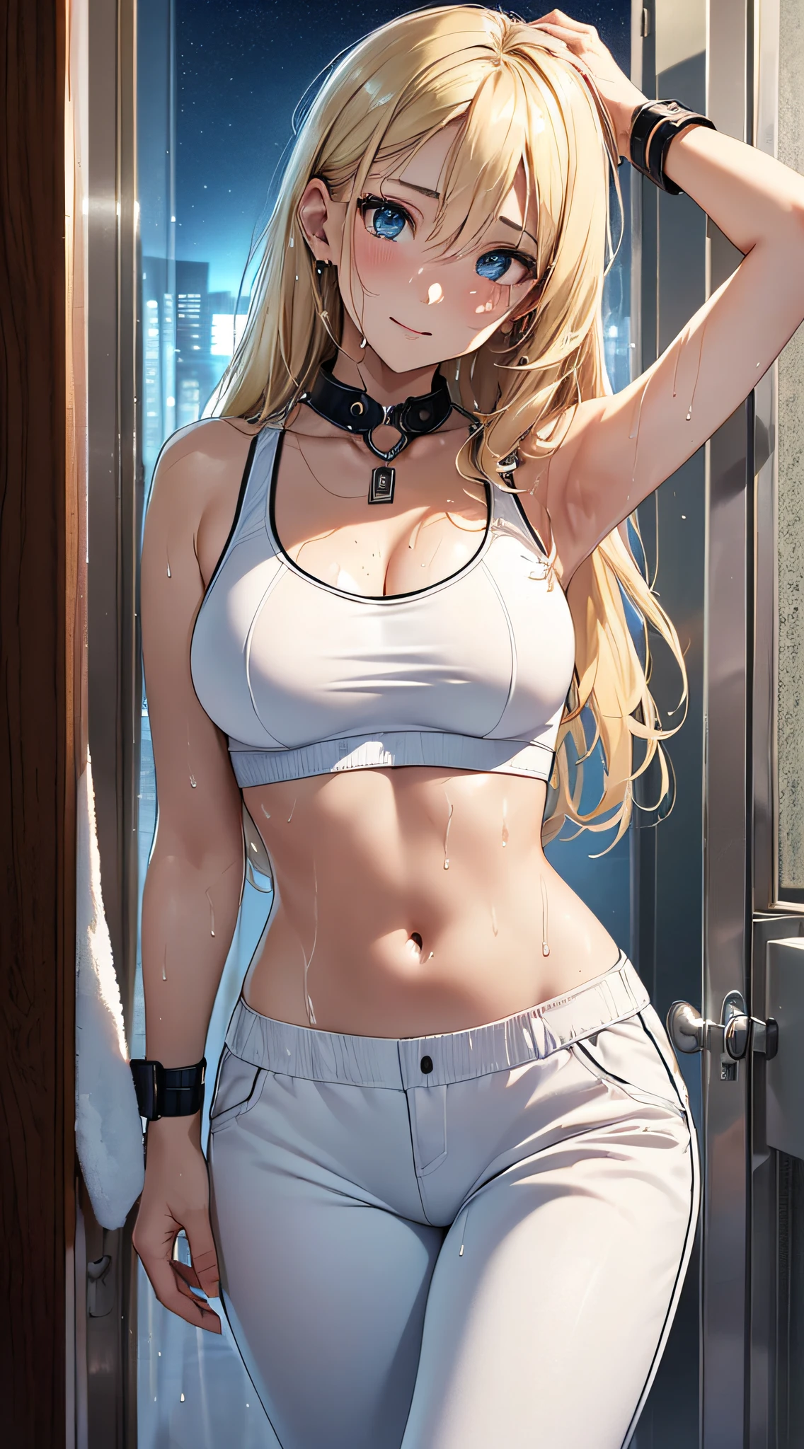 top-quality、Top image quality、​masterpiece、girl with((18year old、 White sports bra、White pants、Best Bust、Bust 85、a blond、Semi-long、Blue eyes、open chest wide、Valley、Happiness、Black wristband on wrist、A slender、耳Nipple Ring、the whole body is wet、Hang a towel around your neck、wetting hair、embarassed face)）hiquality、Camera Film Style、Background with((Nice night room))、Depth(Shower room door）masutepiece、cool style、Elaborate design、visualart
