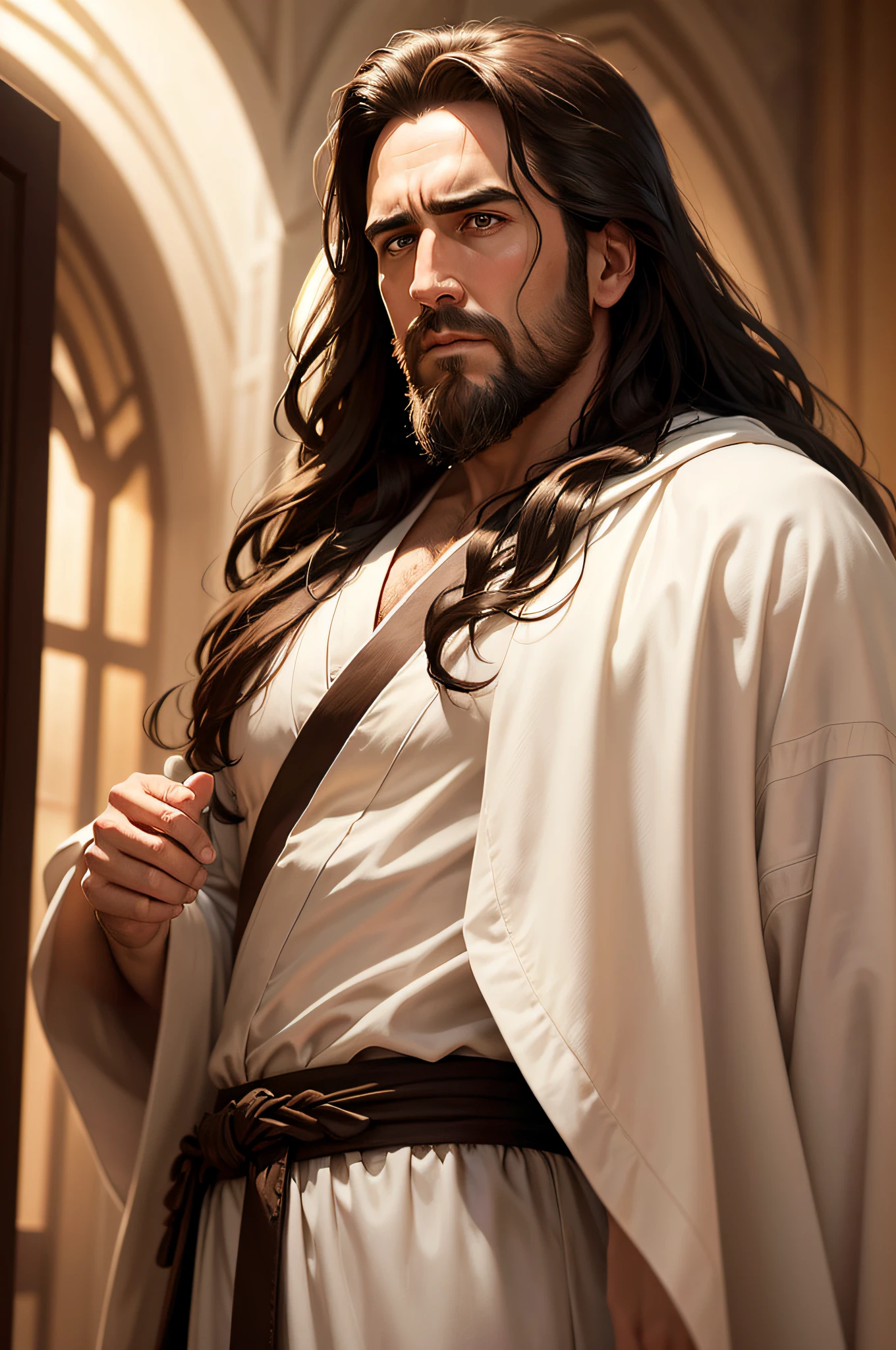 Jesus,Jim Caviziel's face,Nicolas Cage's eyes,detailed face,sacred appearance,holy expression,golden halo,divine light,serene atmosphere,heavenly background,religious artwork,painting medium,ultra-detailed brush strokes,masterpiece:1.2,HDR,UHD,studio lighting,realistic,colorful palette,shimmering colors,gentle and warm tones,soft natural lighting,subtle shadows,dramatic contrast,emotion captured,facial features in focus,piercing gaze,strong jawline,handsome looks,brown wavy hair,perfectly groomed beard,flowing white robe,long flowing hair,graceful pose,open arms,divine presence,peaceful aura,spiritual energy