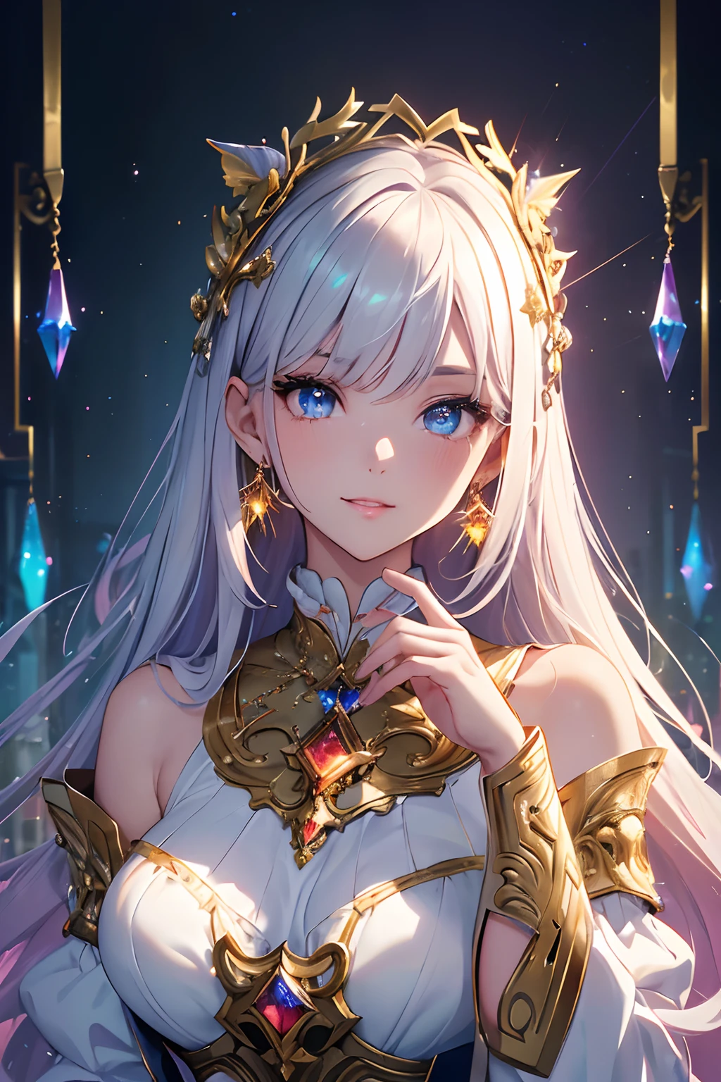 (Highest quality、Highest quality、Masterpiece、Very delicate、Very detailed、Exquisite、16K、Full HD)、1 female、(Silver dress、Tutu、gem、ribbon、Golden decoration)、Small breasts、Perfect body line、Glowing Skin、(Groomed eyebrows、Pink Lips、Dark blue eyeysterious Face)、(Pink Hair、Vertical roll hair、Shiny Hair、Navy blue diamond-shaped hair ornament、Golden crown)、Dramatic lighting、(universe)