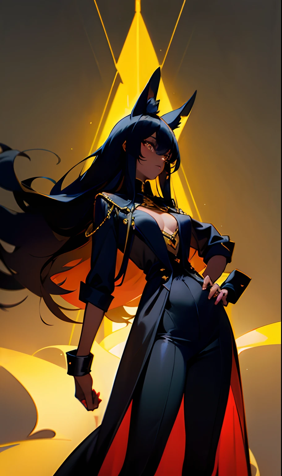 Anubis, a dark-skinned woman with medium breasts and long black hair with golden cat ears, wearing a black blouse and a blue overcoat on her back.