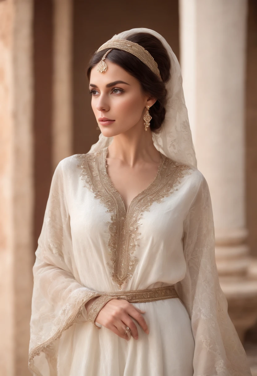 A woman with black brown and sharp hair, white-skinned, Wear white women's costume Islamic caftan ;Veil , Amazigh jewellery in Andalusia's palaces looks forward,medium:oil painting,detailed clothes,Detailed structure,Detailed patterns on clothes,Flowing sheer dress,Best Quality,Hi-Res,ultra-detailed image,soft lighting,tranquil atmosphere,Beautiful colors.