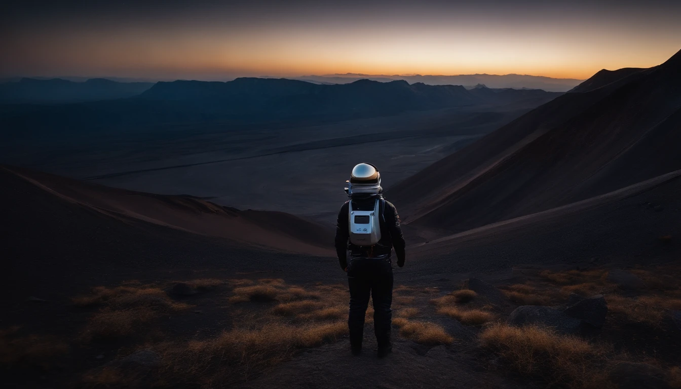 A person stands in the Ulanqab Volcano Geopark，Wear a combined outfit of astronauts and protective clothing，Master parts、Superior quality、Superior image quality、8K quality、Beautiful picture of the starry sky、magnifica、arching milkyway