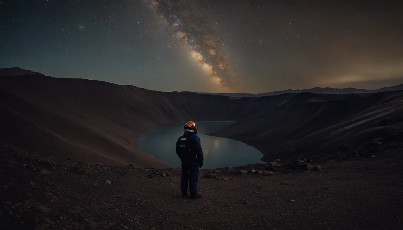A person stands in the Ulanqab Volcano Geopark，Wear a combined outfit of astronauts and protective clothing，Master parts、Superior quality、Superior image quality、8K quality、Beautiful picture of the starry sky、magnifica、arching milkyway