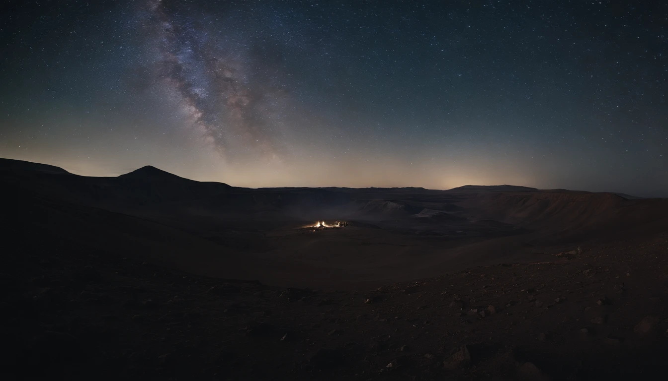 A person stands in the Ulanqab Volcano Geopark,Wear a combined outfit of astronauts and protective clothing,Master parts、Superior quality、Superior image quality、8K quality、Beautiful picture of the starry sky、magnifica、arching milkyway