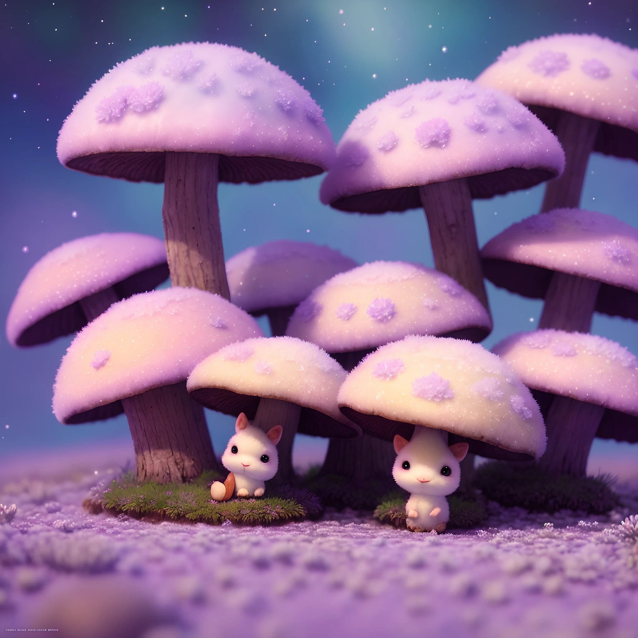 Oil painting of a cosy vintage tiny cute fungi, on a icy planet, in a. lavender haze, octane render by weta digital, exotic colorful pastel, ray traced lighting and reflections by Yoji shinkawa