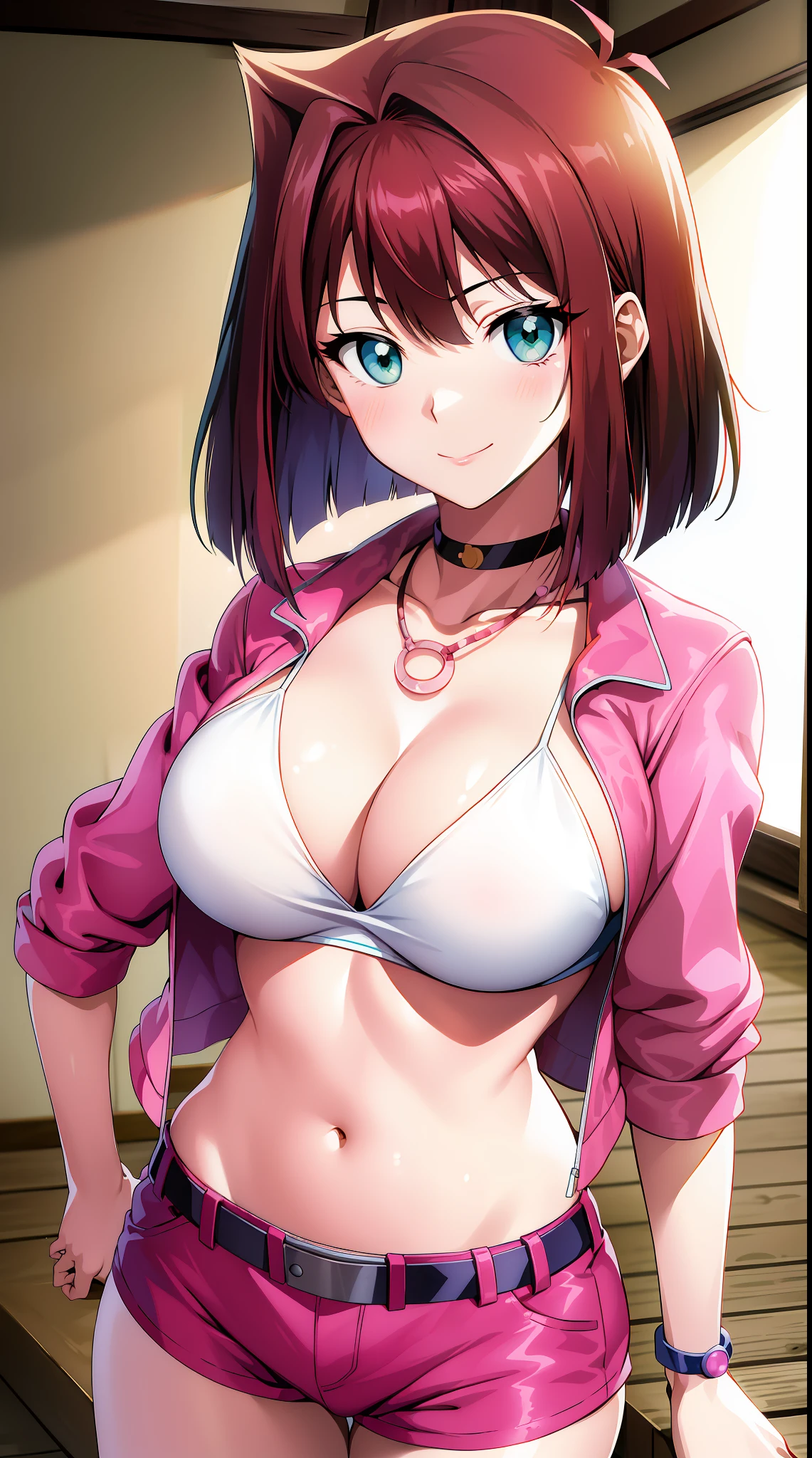 巨作, Best Quality, highres, Amazake, (Antenna hair:1.2), smile, Navel huge breasts Mazaki Anzo Kyoko Masaki / Yu Ji Oh! Cyan eyes Bright yellow bra pink jacket pink shorts necklace, choker, watch earrings green eyes