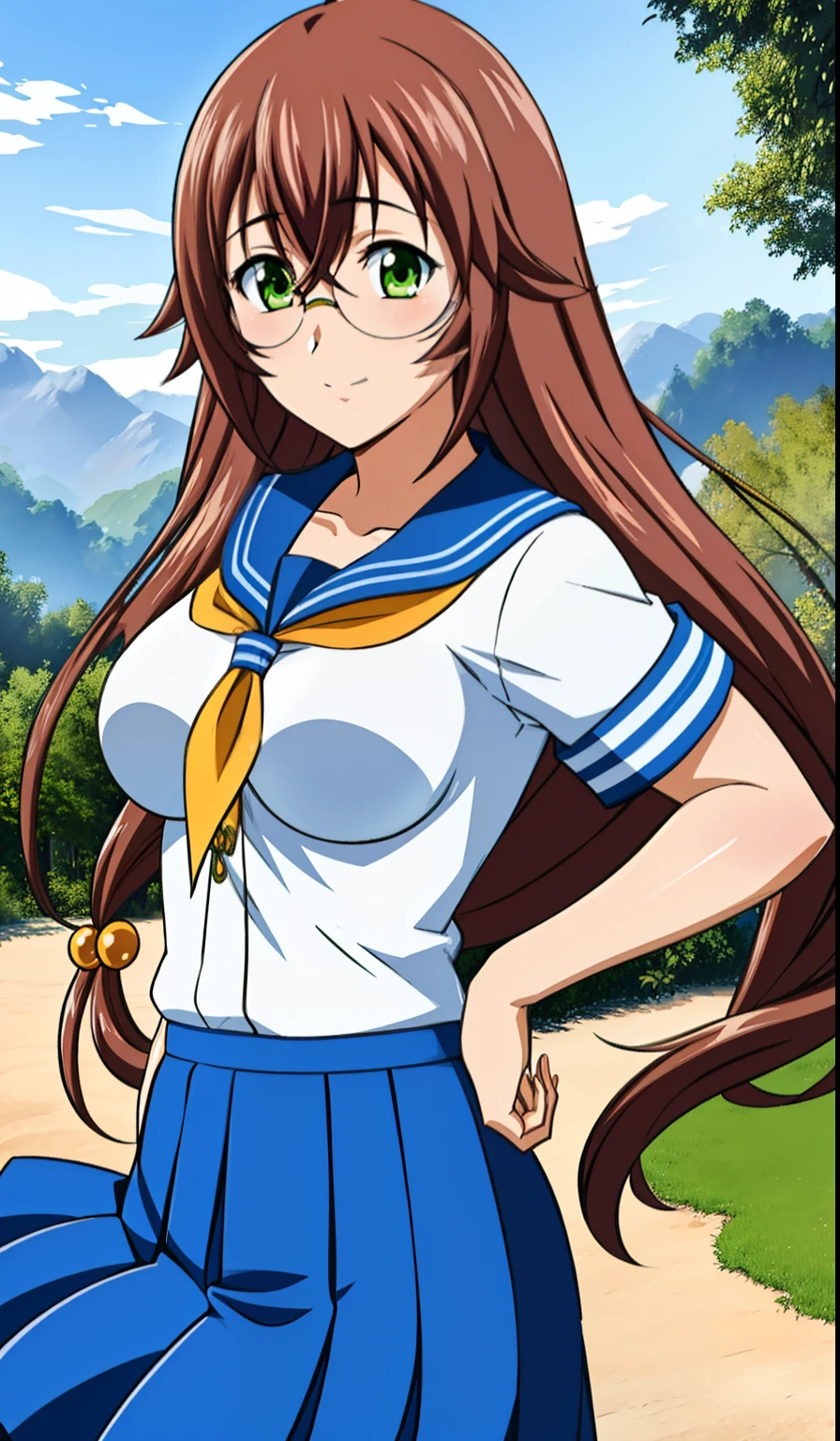 1girl, masterpice, high quality, best quality, 4k, solo, cg, unity,  brown hair,very long hair, green eyes, school uniform, serafuku,  blue, skirt, hair ornament, large breasts, glasses, good body, perfect body, outdoors, dynamc pose, cute pose