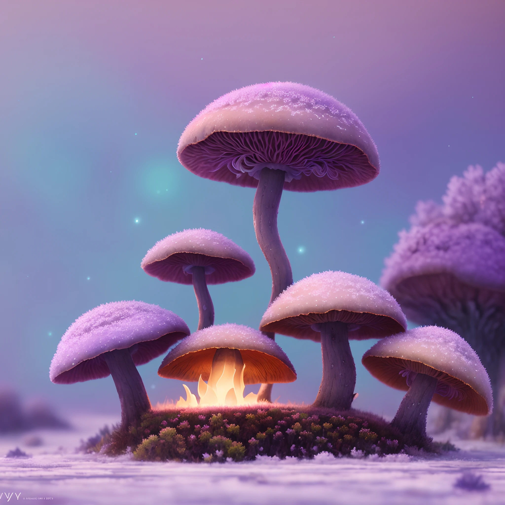 Oil painting of a cosy vintage tiny cute fungi, on a icy planet, in a. lavender haze, octane render by weta digital, exotic colorful pastel, ray traced lighting and reflections by Yoji shinkawa