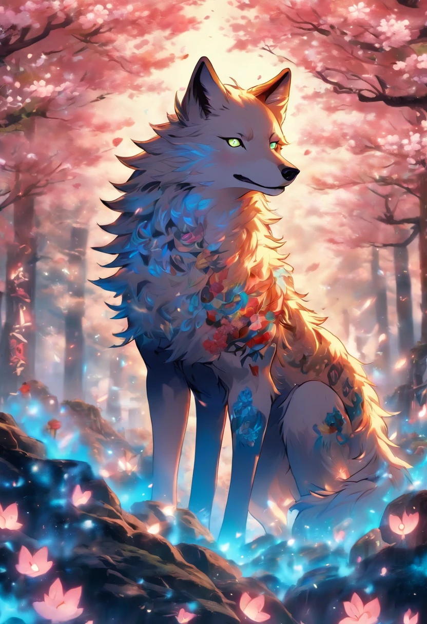 The most beautiful and enchanted wolf spirit, white hair, glowing blue eyes, tons of tattoos and piercings, in the most beautiful enchanted forest, graffiti and kanji elements in the background, cherry blossoms blowing in the wind, highly detailed, perfect masterpiece, high quality, high resolution