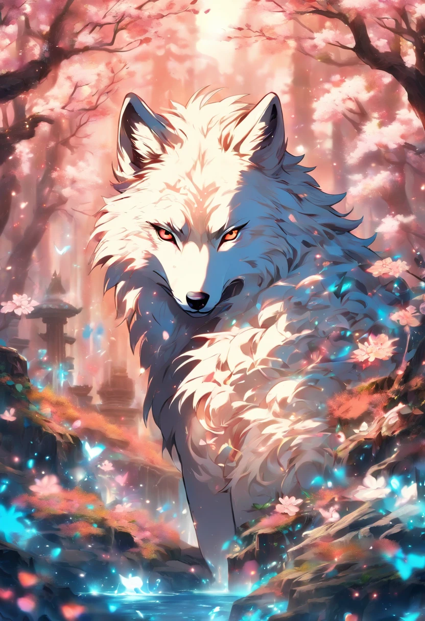 The most beautiful and enchanted wolf spirit, white hair, glowing blue eyes, tons of tattoos and piercings, in the most beautiful enchanted forest, graffiti and kanji elements in the background, cherry blossoms blowing in the wind, highly detailed, perfect masterpiece, high quality, high resolution