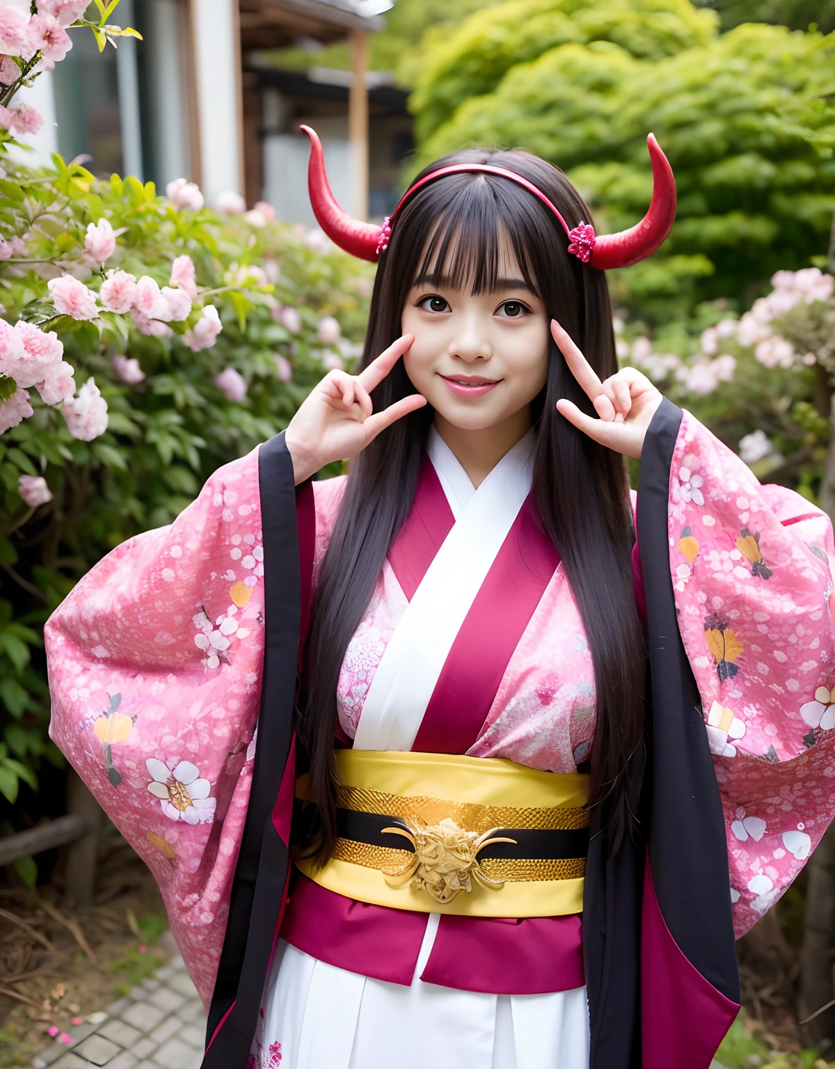 ((Mundo das Trevas)),profissional , obra prima、qualidade superior、Fotos realistas , profundidade de campos 、（sexypose）、(Background of cherry blossoms in full bloom),（Beleza Suprema）、Um cabelo escuro、（)、（Kimono with beautiful pattern）、（fundo noturno）、（（Uma noite escura））,(Use um quimono bonito),（Wear a beautiful kimono with colorful floral patterns）、Joia Arma de Ouro、light particles),（It has a devil mask）、Lindas armas de ouro ,（（ Beautiful Dragon Sword）） , （Uma noite escura）,,（Maikurobikini） 、（（Cabelo preto menina bonita））、（fundo do castelo）、（demonic wings）、（（Fundo da floresta de Gangle））、Beleza caucasiana bonita、１Uma pessoa、dynamic nail,(((Two devil's horns on the head)))、smaller head、Sorriso ocioso、Fine and beautiful feminine hands、mystical expression、efeitos de luz、Combates intensos、efeito vento、magical circles、With the legendary magic wand、dragon's tail、