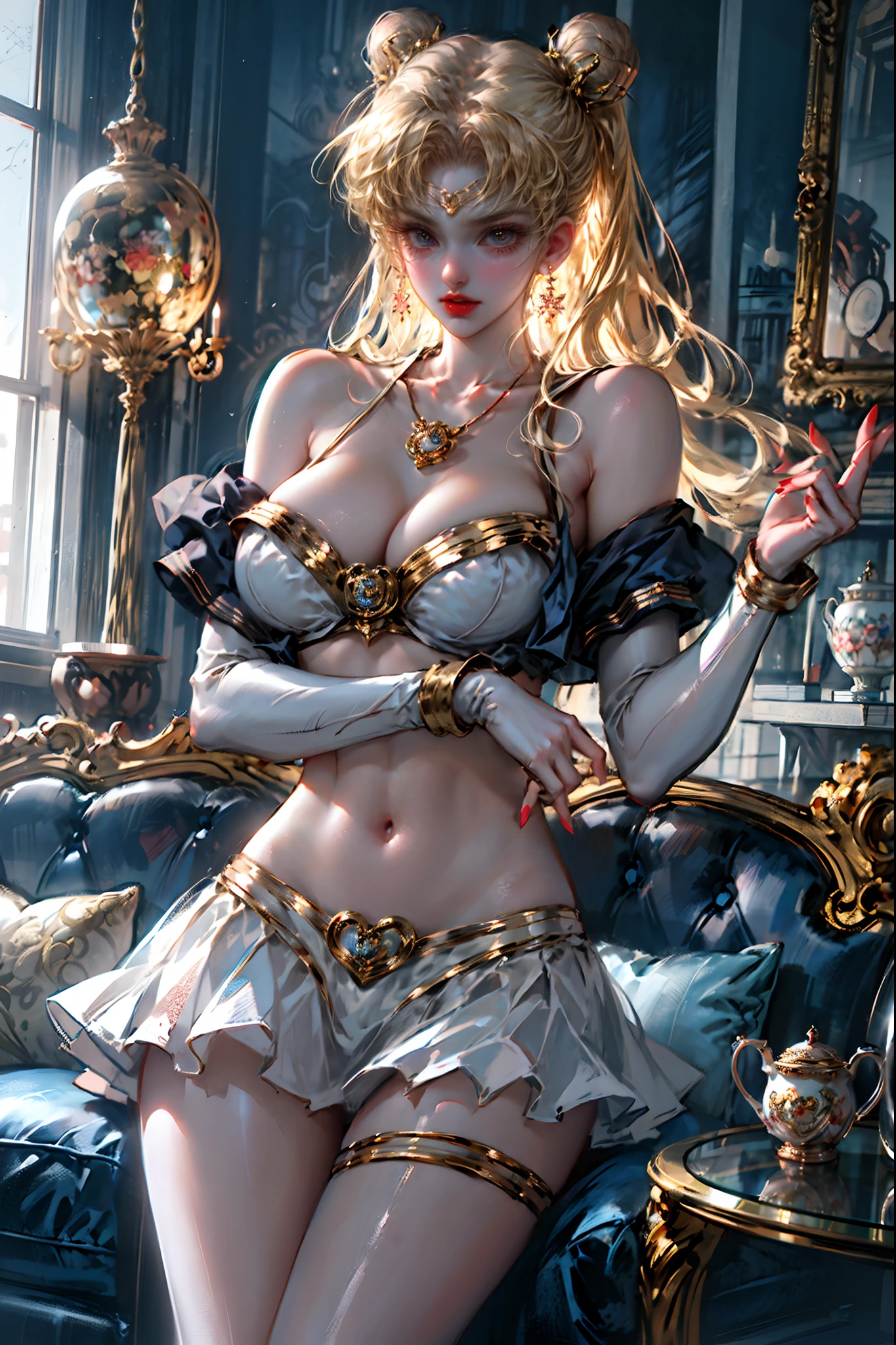 Sailor moon, sailor senshi, sailor uniform, in a large victorian luxury room, victorian couch, reflection, sexy, nsfw, very short skirt, panties, off shoulder, sexy pose, window, backlit, (rim light), deep cleavage, lust, sedutive, shyness, (smooth, skin reflecting light), long legs, (big breast), slim waist, perfect body, perfect hand, golden hair, sheer, red ribbon, jewelry, necklace, earring, tiara, book shelves, tea pot