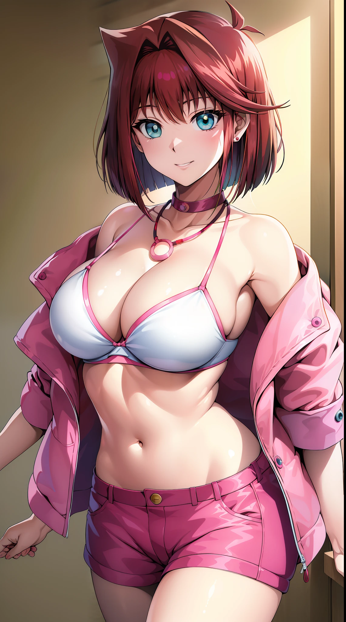 巨作, Best Quality, highres, Amazake, (Antenna hair:1.2), smile, Navel huge breasts Mazaki Anzo Kyoko Masaki / Yu Ji Oh! Cyan eyes Bright yellow bra pink jacket pink shorts necklace, choker, watch earrings green eyes