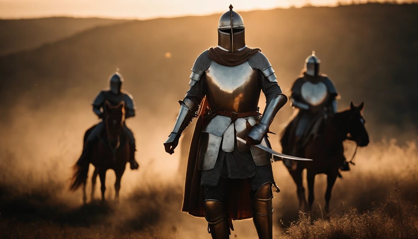 Royal Knights with a majestic aura, adorned in gleaming armor, wielding a legendary sword, standing tall amidst a medieval battlefield, rays of sunlight illuminating the scene.