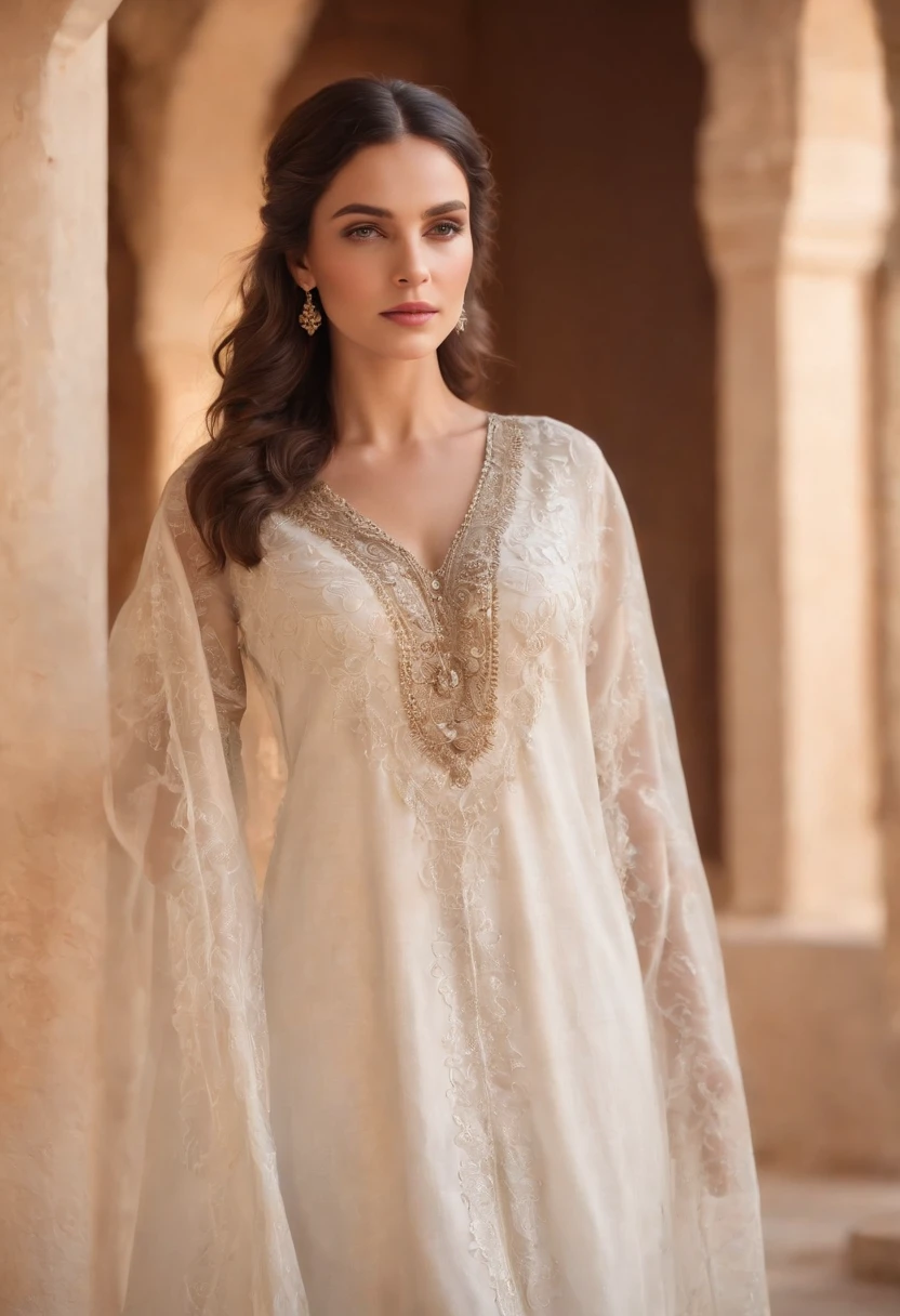 A woman with black brown and sharp hair, white-skinned, Wear Women's White Costume Islamic Kaftan ;Veiled , Amazigh jewellery in Andalusia's palaces looks forward,medium:oil painting,detailed clothes,Detailed structure,Detailed patterns on clothes,Flowing sheer dress,Best Quality,Hi-Res,ultra-detailed image,soft lighting,tranquil atmosphere,Beautiful colors.