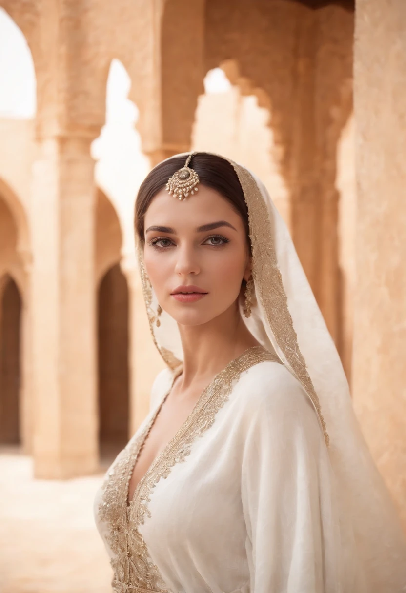 A woman with black brown and sharp hair, white-skinned, Wear Women's White Costume Islamic Kaftan ;Veiled , Amazigh jewellery in Andalusia's palaces looks forward,medium:oil painting,detailed clothes,Detailed structure,Detailed patterns on clothes,Flowing sheer dress,Best Quality,Hi-Res,ultra-detailed image,soft lighting,tranquil atmosphere,Beautiful colors.