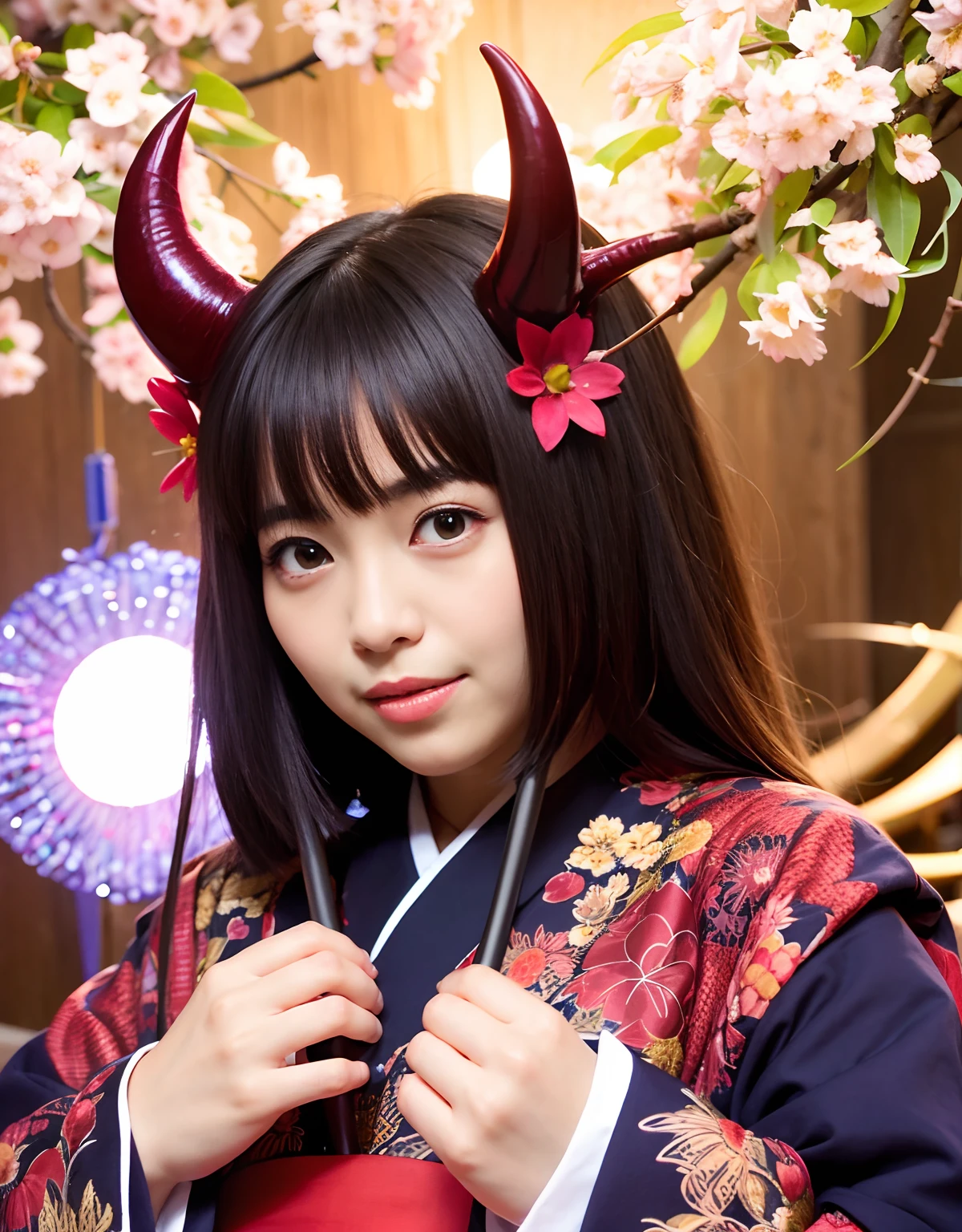((Mundo das Trevas)),profissional , obra prima、qualidade superior、Fotos realistas , profundidade de campos 、(sexypose)、(Background of cherry blossoms in full bloom),(Beleza Suprema)、Um cabelo escuro、()、(Kimono with beautiful pattern)、(fundo noturno)、((Uma noite escura)),(Use um quimono bonito),(Wear a beautiful kimono with colorful floral patterns)、Joia Arma de Ouro、light particles),(It has a devil mask)、Lindas armas de ouro ,(( Beautiful Dragon Sword)) , (Uma noite escura),,(Maikurobikini) 、((Cabelo preto menina bonita))、(fundo do castelo)、(demonic wings)、((Fundo da floresta de Gangle))、Beleza caucasiana bonita、1Uma pessoa、dynamic nail,(((Two devil's horns on the head)))、smaller head、Sorriso ocioso、Fine and beautiful feminine hands、mystical expression、efeitos de luz、Combates intensos、efeito vento、magical circles、With the legendary magic wand、dragon's tail、