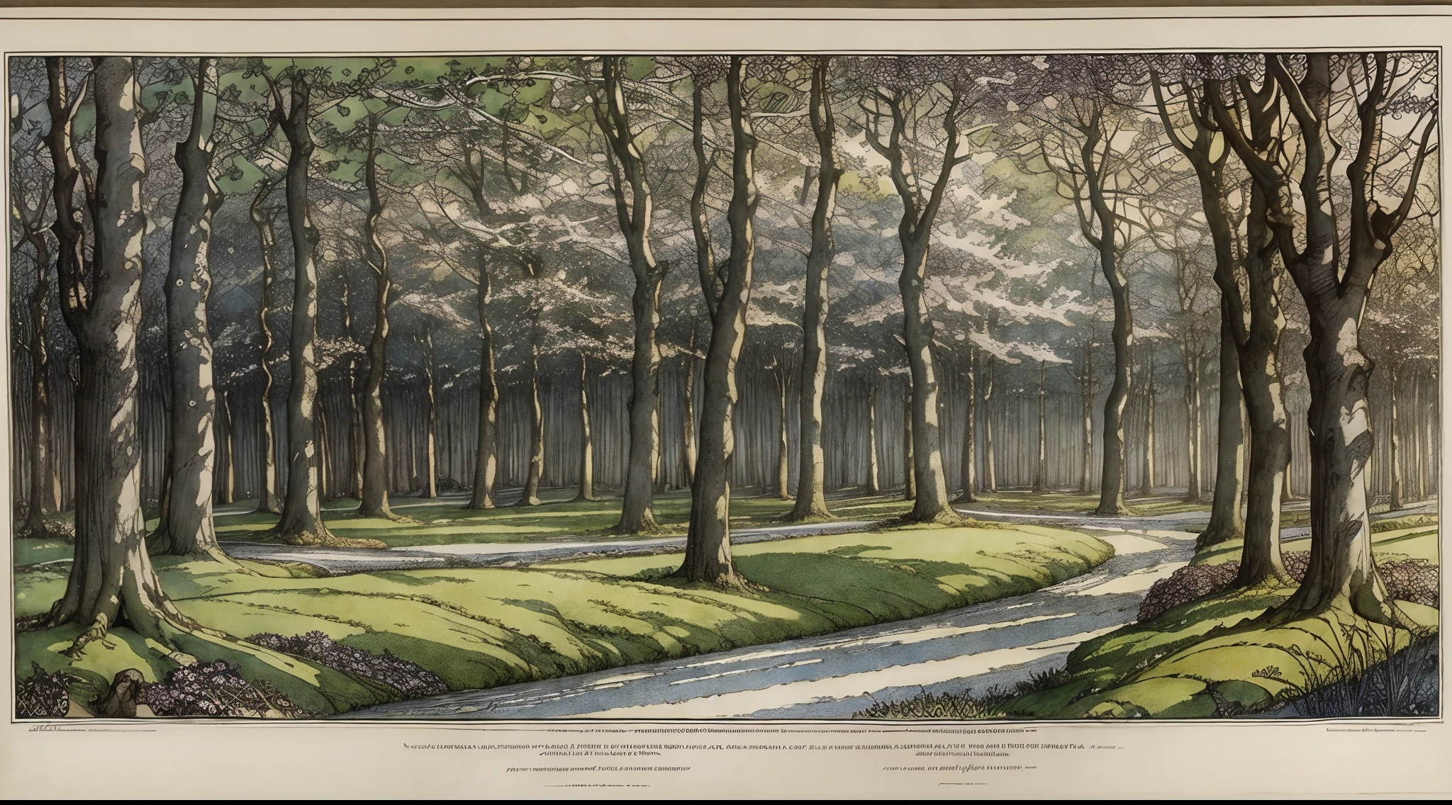 Create a fantastic scene capturing the moment when the ice of winter gives way to the rebirth of spring in the form of changing trees. Emphasize the interplay of light and shadow in as much detail as possible. Employ a rich palette of pastels and lush textures. Artists: Arthur Rackham, John Howe
