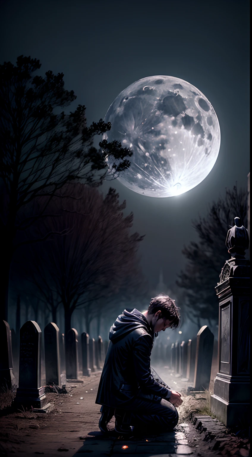 A cemetery with a full moon as a backdrop, youngman, Dark but sparkling atmosphere, trees in the background,There is a small fire in front of 1 tombstone,1 person kneels in prayer in front of the tombstone
