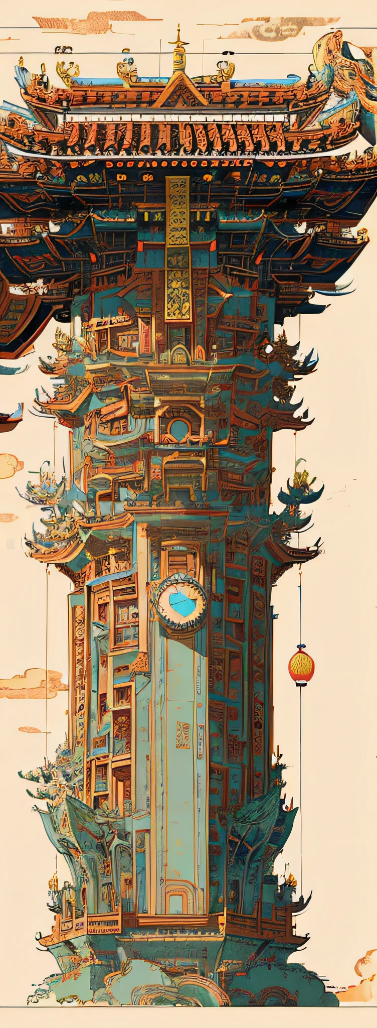 Drawings of high-rise buildings，There is a clock on it, detail-rich, very coherent. High detail, Amazing detail. Colored, Extremely high level of detail, author：Chen Jiru, Chinese architecture, ancient chinese ornate, Ancient Chinese architecture, beautiful detail and color, Ultra detailed concept art, very complex details, highly realistically detailed