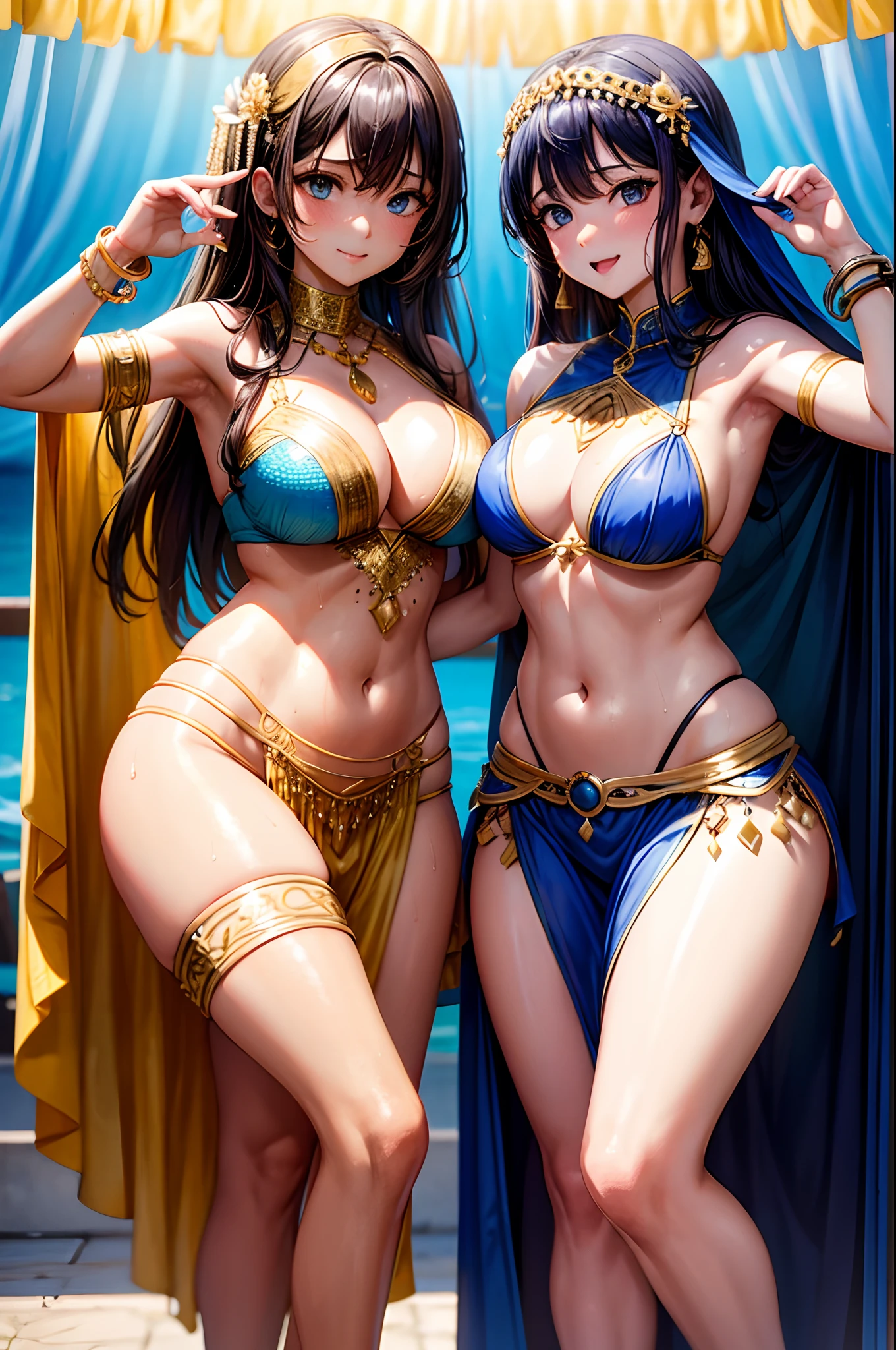 2girls，Belly dance costumes，Get wet，Covered in sweat，full bodyesbian，ankle bracelets