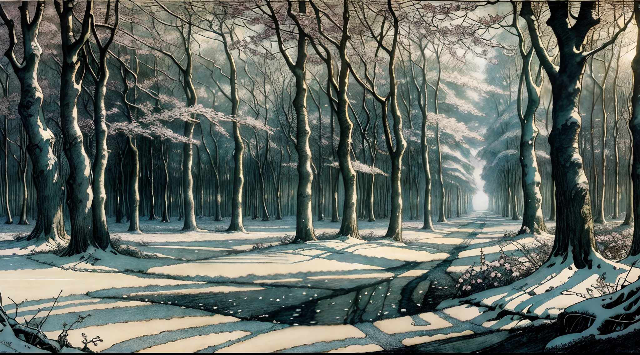 Create a fantastic scene capturing the moment when the ice of winter gives way to the rebirth of spring in the form of changing trees. Emphasize the interplay of light and shadow in as much detail as possible. Employ a rich palette of pastels and lush textures. Artists: Arthur Rackham, John Howe