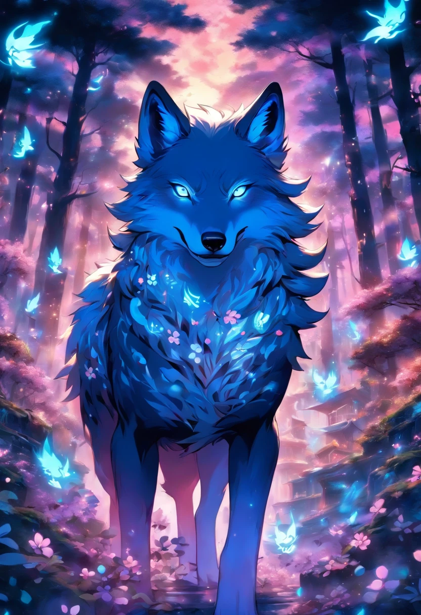 The most beautiful and enchanted wolf spirit, white hair, glowing blue eyes, tons of tattoos and piercings, in the most beautiful enchanted forest, graffiti and kanji elements in the background, cherry blossoms blowing in the wind, highly detailed, perfect masterpiece, high quality, high resolution