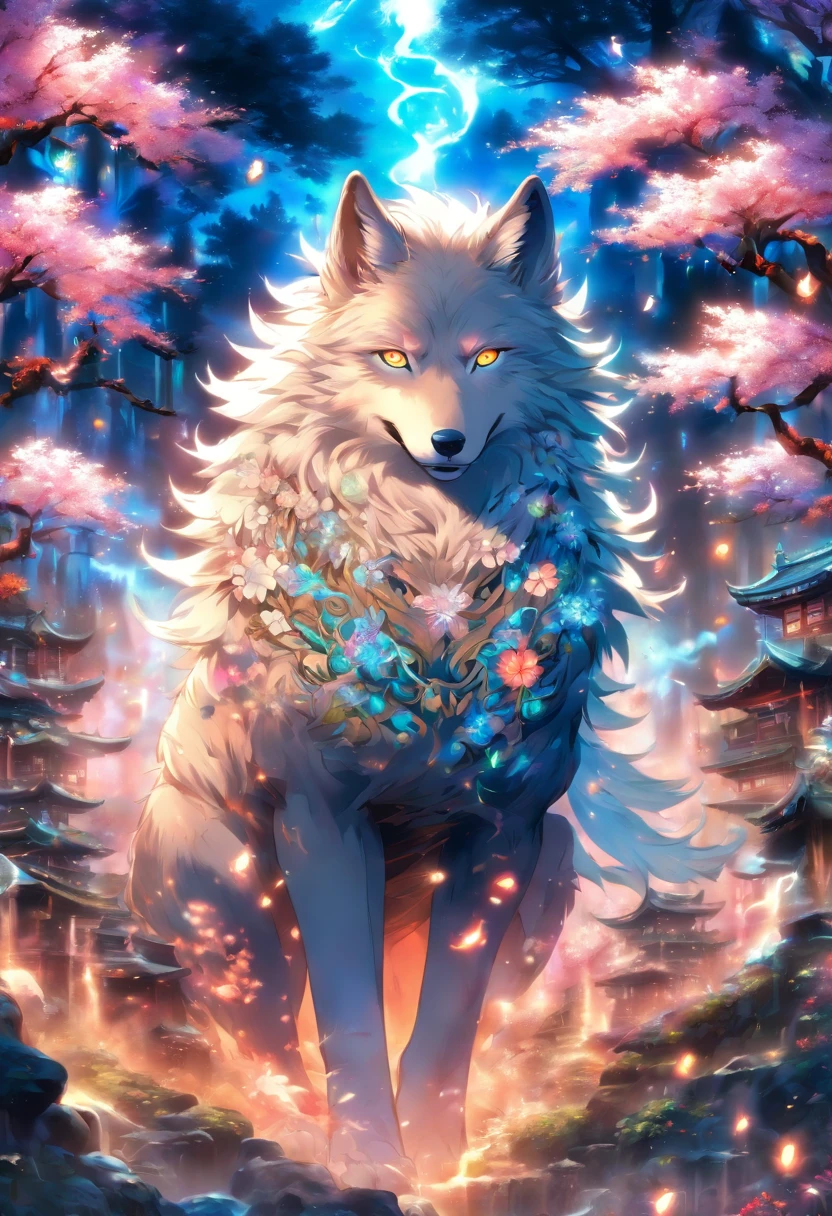 The most beautiful and enchanted wolf spirit, white hair, glowing blue eyes, tons of tattoos and piercings, in the most beautiful enchanted forest, graffiti and kanji elements in the background, cherry blossoms blowing in the wind, highly detailed, perfect masterpiece, high quality, high resolution