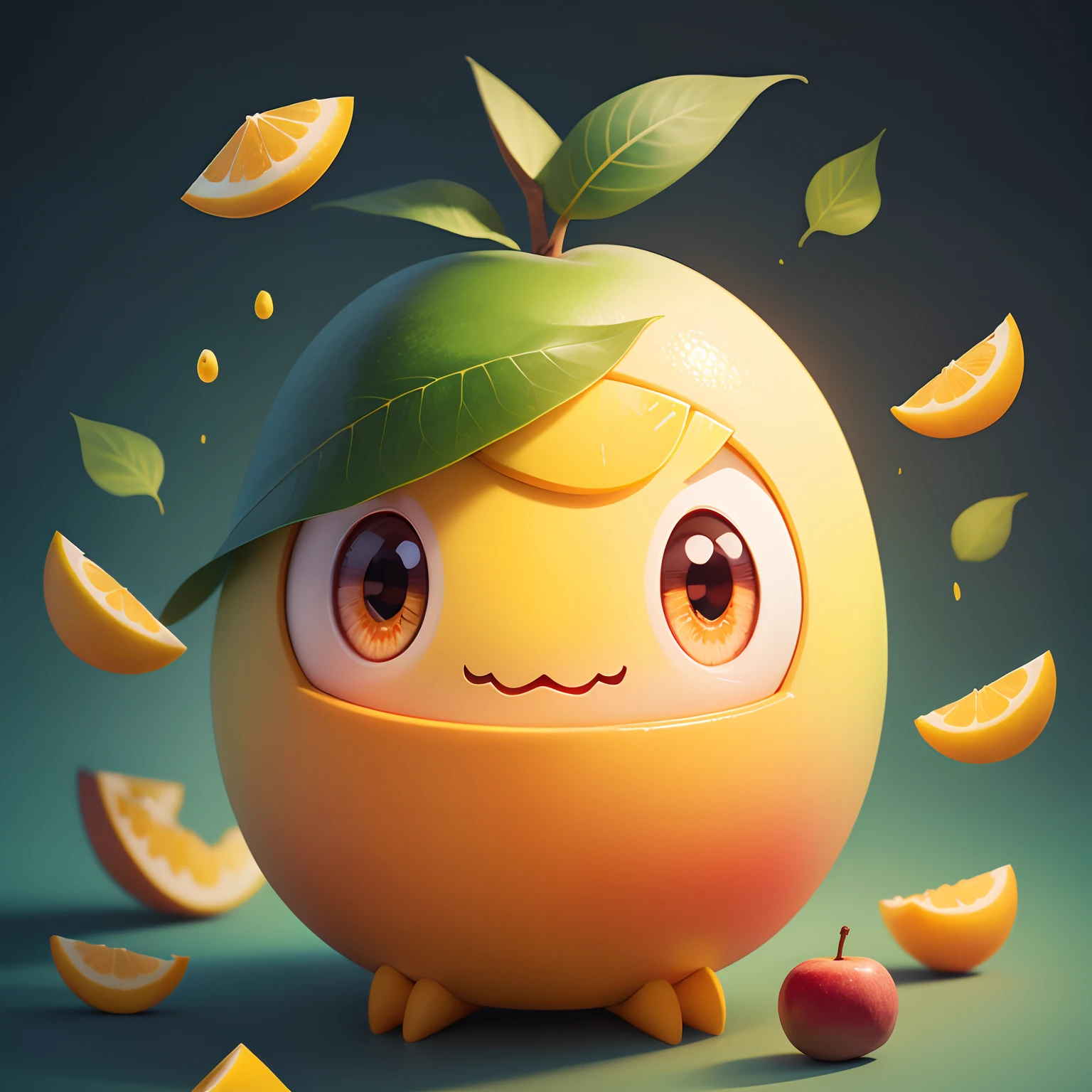Generate an illustration featuring a mango with eyes and a mouth, transformed into an adorable character.
