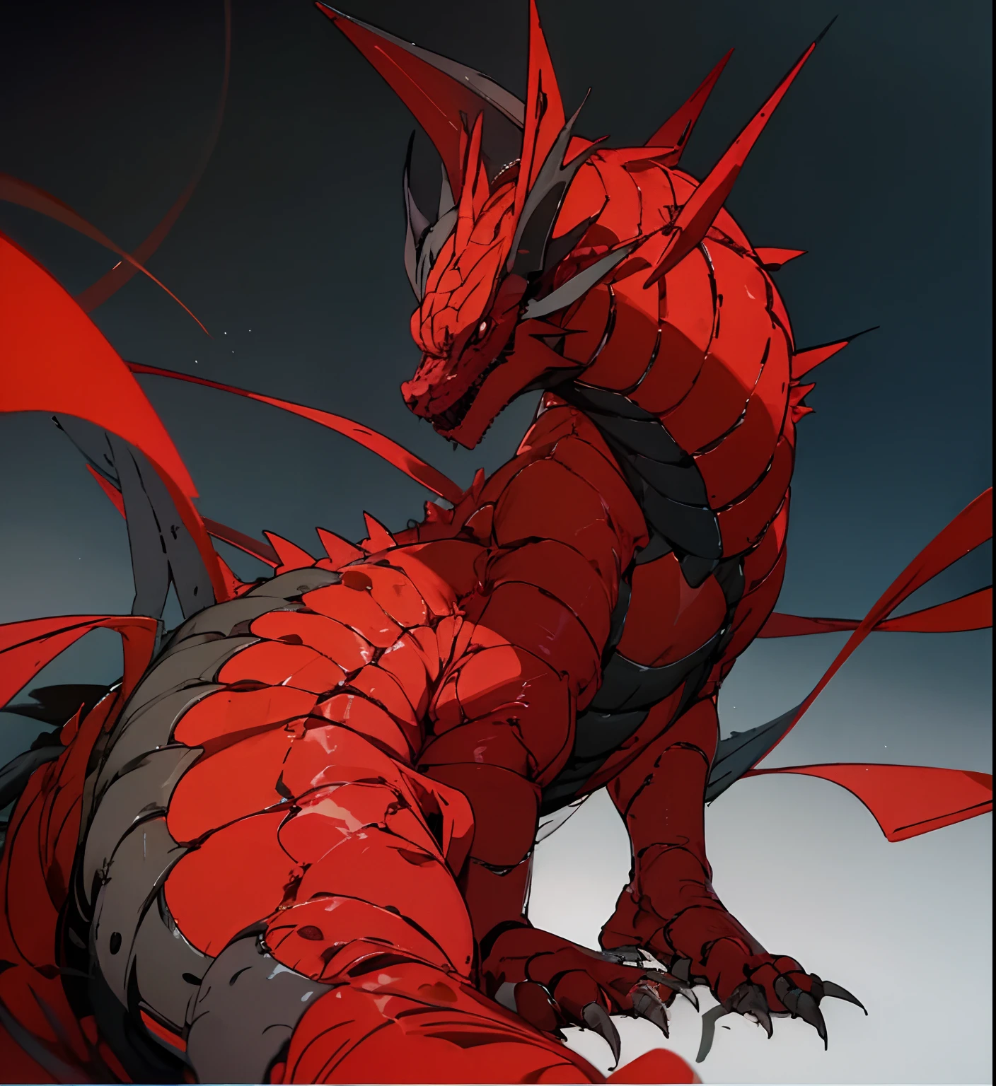 anime big breast, A red dragon，It has black and gray wings and a black tail, Red Dragon, A red dragon, colossal dragon as background, but as an anthropomorphic dragon, dragon with scars, full body dragon concept, Dragon Art, red scales on his back, Dragon tail, wyvern, as an anthropomorphic dragon, colossal dragon in background，Lovely eyes，Clean lines