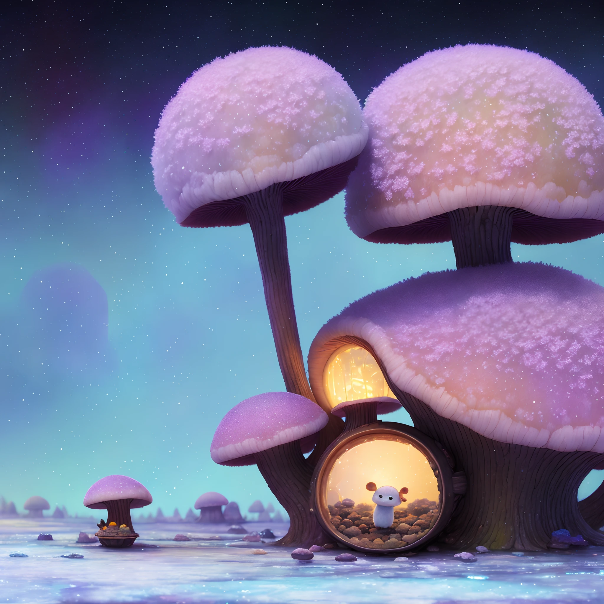 Oil painting of a cosy vintage tiny cute fungi, on a icy planet, in a. lavender haze, octane render by weta digital, exotic colorful pastel, ray traced lighting and reflections by Yoji shinkawa