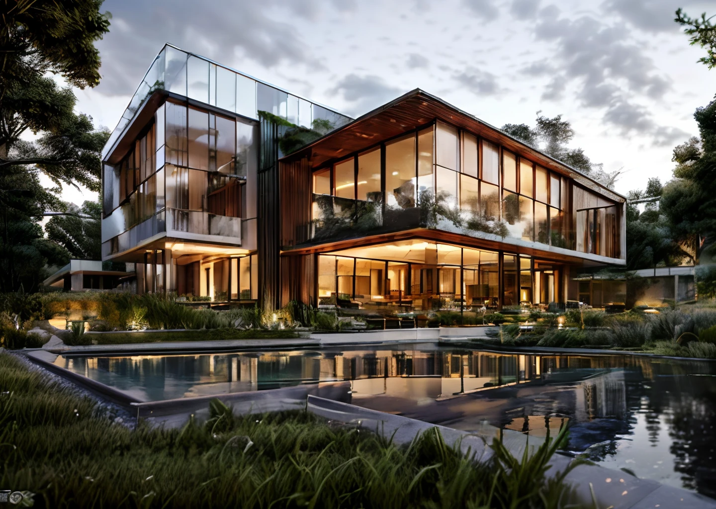 mordenhouse, house, glass house with a sloping roof, modern, dynamic (RAW photo, real, best quality, masterpiece:1.2), (hyper realistic, photo-realistic:1.2), high quality, (dark lighting:1.2), perfect lighting, archdaily