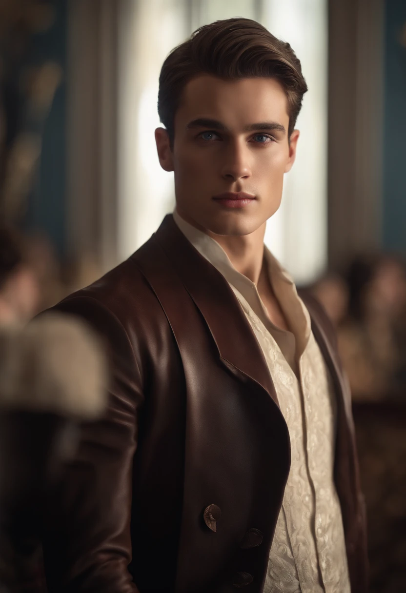 full-body men. He's a medium-height young man, standing at approximately 5 feet 9 inches (175 centimeters), giving him a noticeable presence. His skin is flawlessly clear, with a subtle sun-kissed tan that enhances the beauty of his facial features. His face is oval and symmetrically balanced, with well-defined eyebrows that accentuate his deep, sky-blue eyes.
His eyes have a profound and mysterious shade of blue, with long eyelashes that further emphasize them. The irises seem to shimmer with energy and curiosity, reflecting the intensity of his emotions. His nose is straight and delicately sculpted, harmonizing perfectly with his visage.
The ager keeps his black hair short, with a clean-cut style that enhances his broad forehead. The smooth texture of his hair gives a carefully groomed and modern appearance. His smile is radiant, revealing White. is wearing a black suit Cinematic realistic portrait, bonito rosto detalhado, rosto realista altamente detalhado, Rosto altamente detalhado de 8k, retrato de rosto detalhado realista, 8k portrait render, sharp high detail face, realistic face moody lighting, rosto realista detalhado, rosto realista humano, Retrato VFX altamente detalhado, rosto detalhado e realista, rosto realista e detalhado