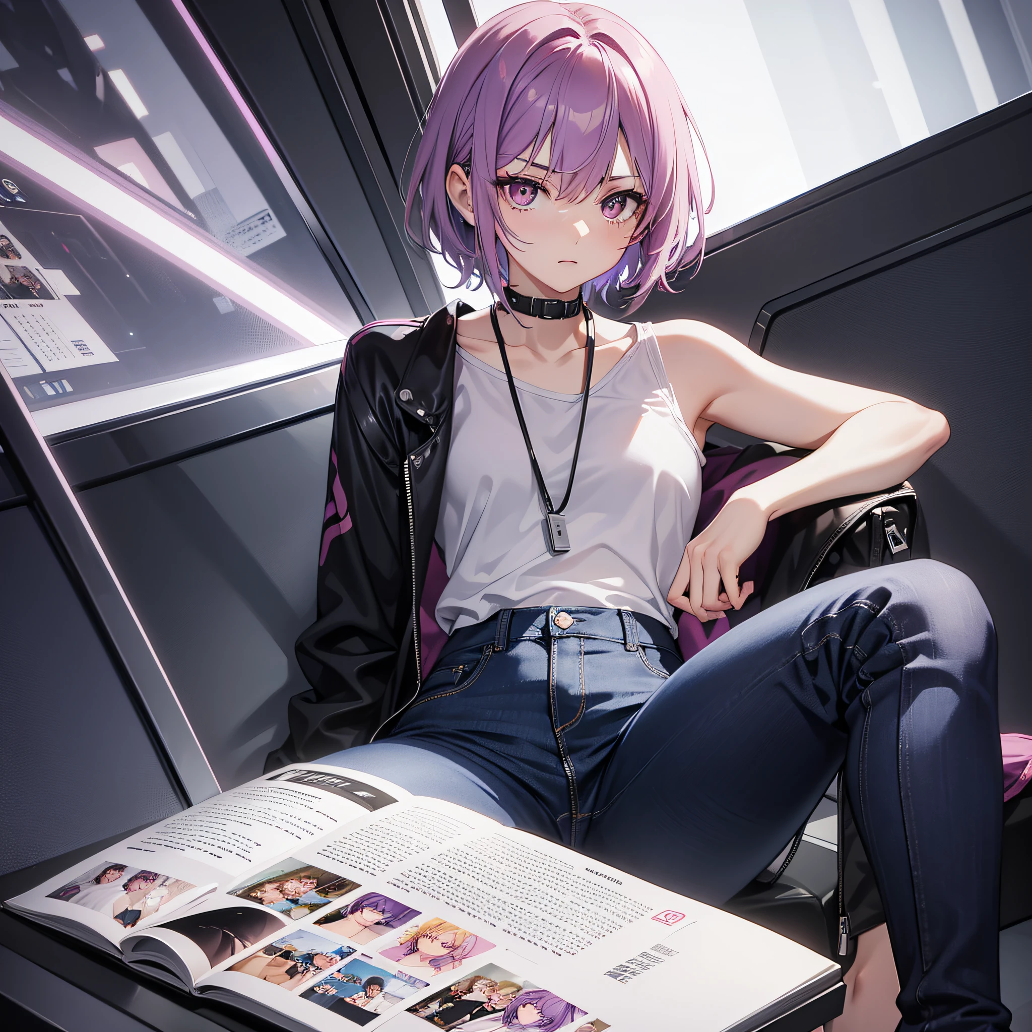 1guy, full-length, pink eyes, purple hair, short hair, jeans, sitting, looking at phone, high res, ultrasharp, 8K, masterpiece