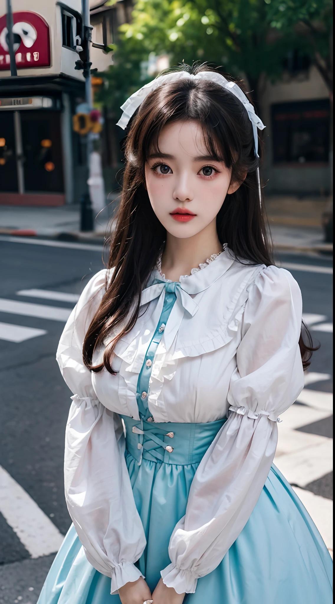 (Best quality,16k,High resolution photography:1.2), Lolita style, Wearing Lolita clothes, Korean and Japanese beautiful girls, Street background, Vibrant colors, Detailed eyes and lips, Ultra-fine painting, Sharp focus, Studio lighting