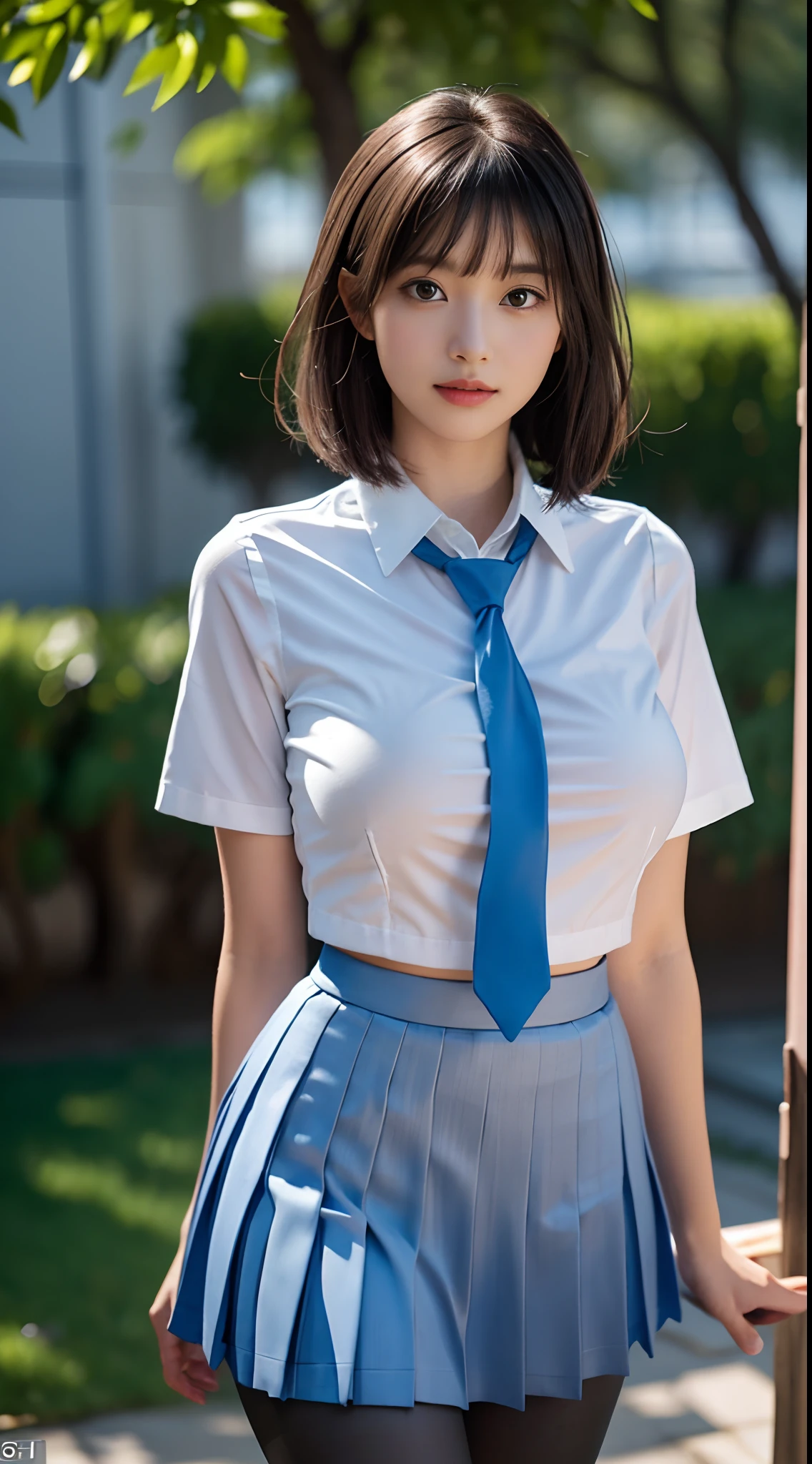 8K, Best quality, Real picture, Intricate details, Ultra-detailed, 超A high resolution, Depth field,(Photorealistic,Realistic:1.2),Masterpiece, 0.25 :: Close-up , straight shot , From miiddle ,1girll, 。.。.。.。.。.。.。.。.。.。.ai_Zen Buddhism, an extremely beautiful -yeld gi innocent big eyes, (brown_short_Hair), (Green_Eyes:1.0),(Bangs Aviation),Disheveled hair,(hair pin), Perfect shiny skin, Flawless skin, Fair skin, Huge breasts, cleavage, Narrow waist, Light blush, Solo, view the viewer, Light smile,chubby under the clothes, Sweat,Wearing ((school_uniform), (White_Skirt),(Blue_Long_tie), (Blue_pleated_Skirt), (black_Pantyhose) :1.2), (Gravure pose :1.1),Sunset ,high school in Japan ,(jiayi:1.5), closeup cleavage, tmasterpiece, best qualtiy, RAW photogr, realisticlying, the face, Incredibly Ridiculous res, depth of fields, A high resolution, ultra - detailed, finedetail, The is very detailed, Extremely detailed eyes and face, Sharp pupils, realistic pupil, tack sharp focus, cinmatic lighting