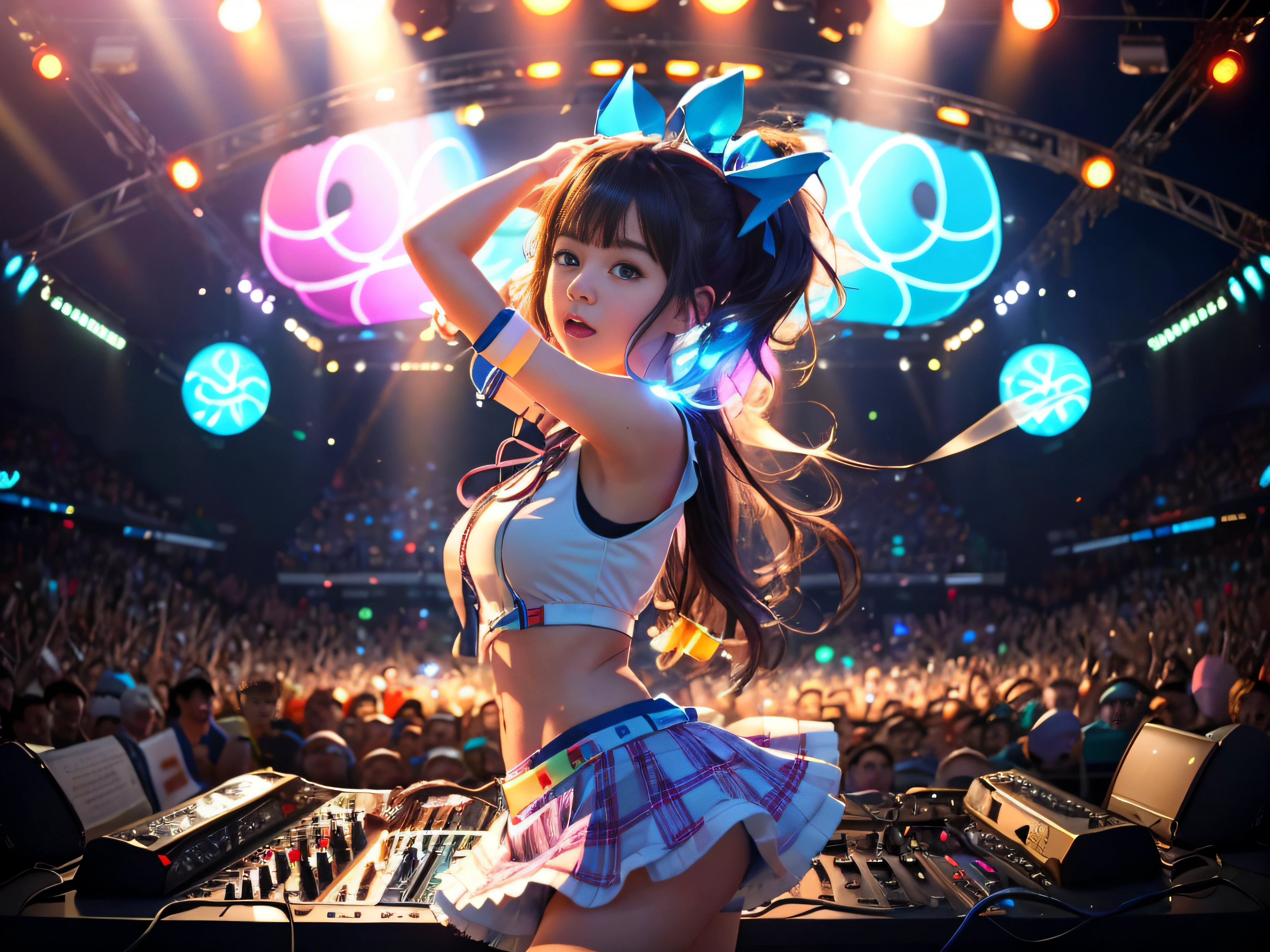 RAW image quality、8K分辨率、Ultra-detailed CG footage、(masutepiece:1.3),(Best Quality:1.2),8K,absurderes,Unity 8K Wall Papper,(Extremely detailed:1.3),highest grade,Realistic, Blurry background, Blurred foreground,
(1girl in:1.2),,japanes,A dark-haired,(Long ribbon hair ornament:1.1),(Neon light:1.1),(Cute idol white uniform),(Plaid mini skirt),(Singing:1.1),frown,(Dynamic Pose:1.1),(Floating hair:1.2),(nffsw:1.2),(psychedelic:1.2),Dynamic Pose,(electric wires:1.1),(llight rays:1.2),(Big glowing blue eyes),Midriff,stage,(Music:1.2),cables,god rays,(Indoors:1.2),From Side,(musical instrument:0.7),fanaticism,Passionate,Energetic,Formidable,eletrizante,invigorating,Dynamic,Thrilling,Explosive,arouse,(Large crowds:1.2),llight rays,,Neon light,(Music:1.1),