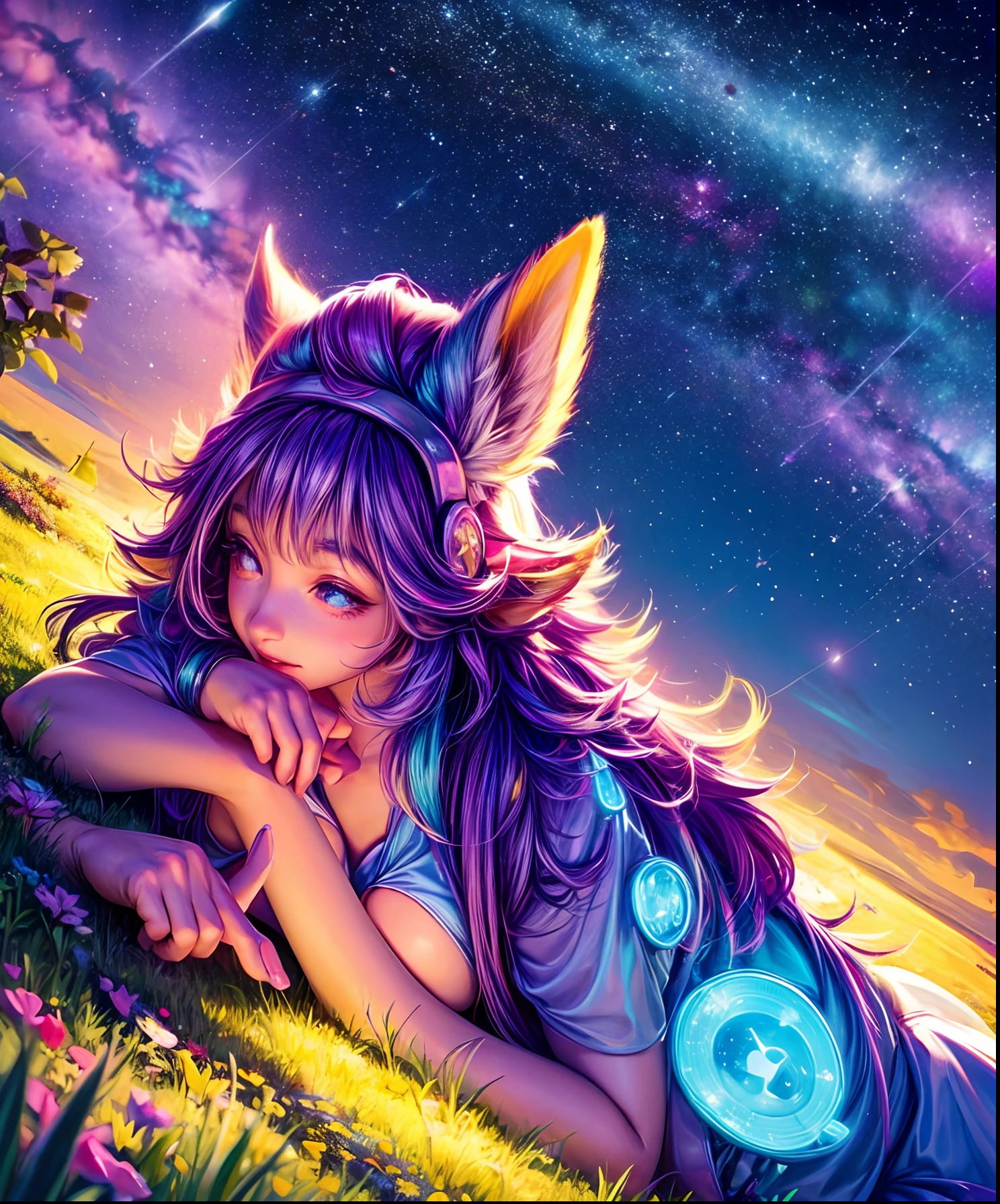 Describe a scene where a cute girl character is lying on a grassy hill, Looking up at the starry sky. Surround her with colorful nebulae and her favorite constellations.