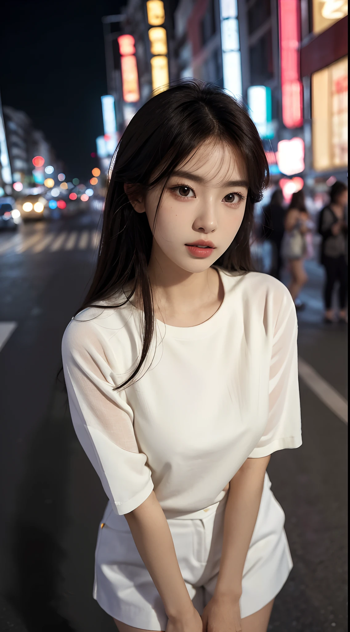 (Best quality,16k,A high resolution,Masterpiece:1.2),Ultra-detailed,(Realistic,Photorealistic,photo-realistic:1.37),Korean fashion beauty,Japanese and Korean beauties,cute and innocent,Detailed eyes and face,beautiful detailed lips,White teeth,Long eyelashes,slimification,fashionable in dressing,Shorts short skirt,Plump upper circumference,Large breasts,(Lovely,Charming:1.1),Colorful street background,Stylish clothes and accessories,The fabric of the clothes is smooth,Portrait style photography,Vivid colors,Street lights.
