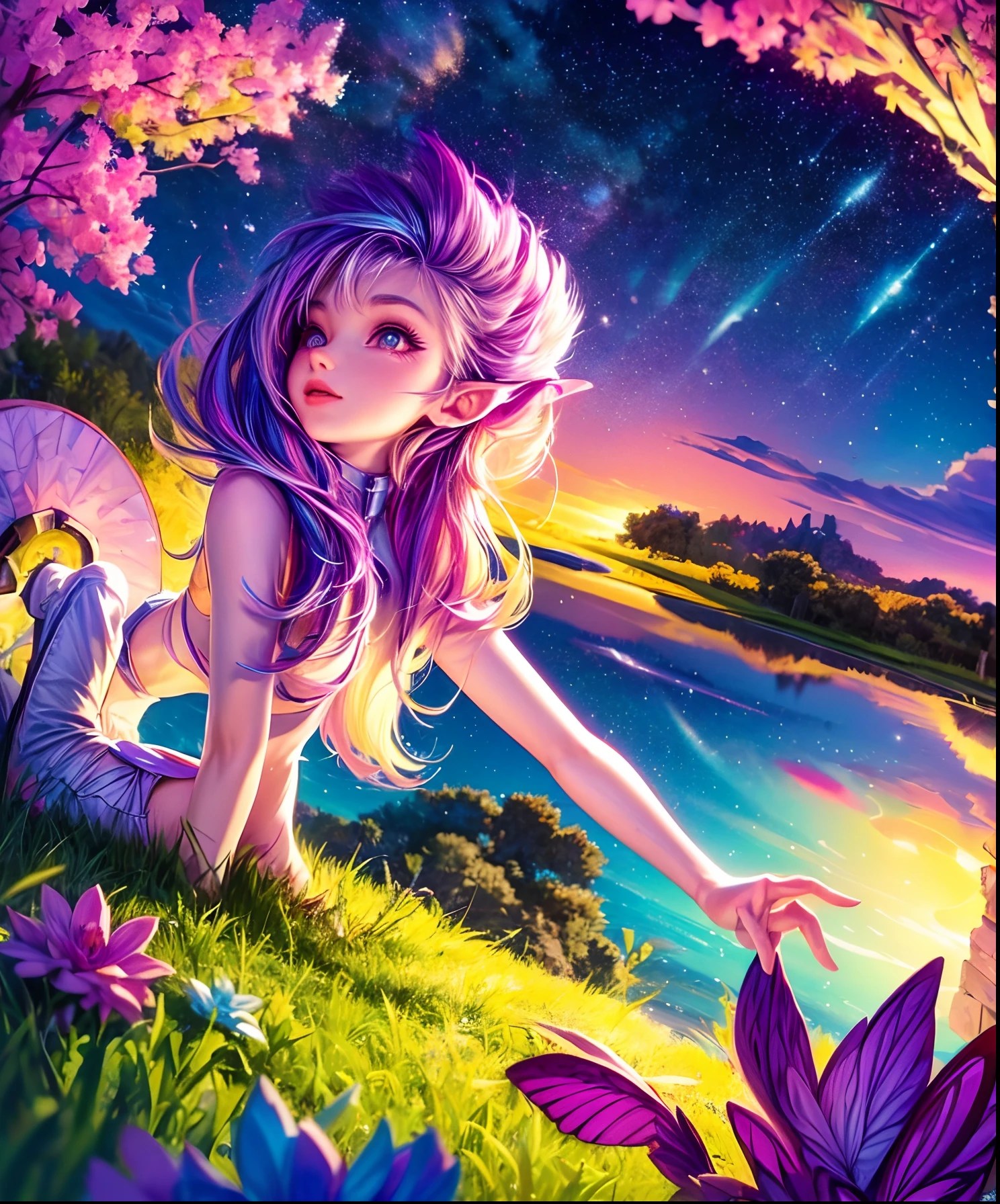 Describe a scene where a cute girl character is lying on a grassy hill, Looking up at the starry sky. Surround her with colorful nebulae and her favorite constellations.