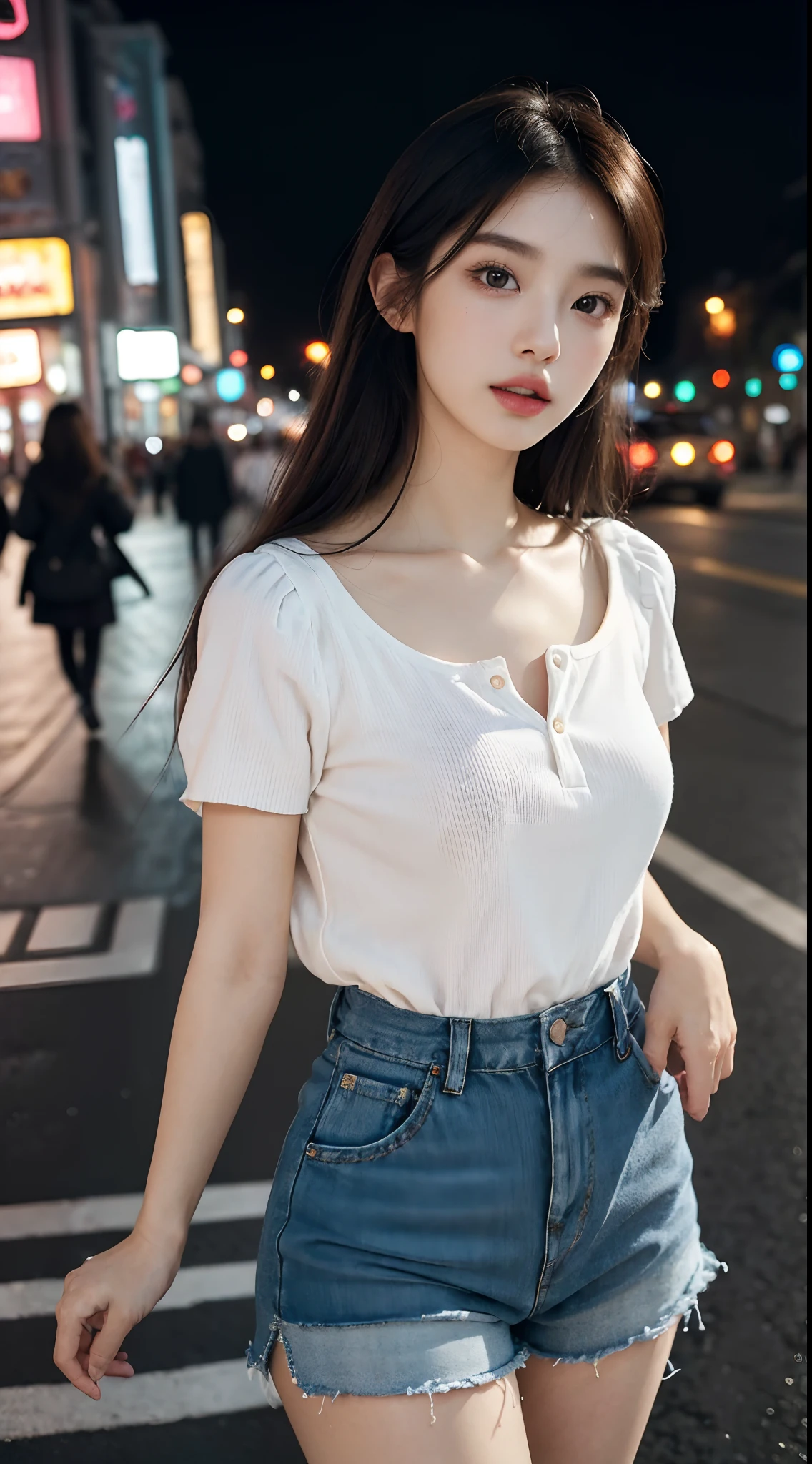 (Best quality,16k,A high resolution,Masterpiece:1.2),Ultra-detailed,(Realistic,Photorealistic,photo-realistic:1.37),Korean fashion beauty,Japanese and Korean beauties,cute and innocent,Detailed eyes and face,beautiful detailed lips,White teeth,Long eyelashes,slimification,fashionable in dressing,Shorts short skirt,Plump upper circumference,Large breasts,(Lovely,Charming:1.1),Colorful street background,Stylish clothes and accessories,The fabric of the clothes is smooth,Portrait style photography,Vivid colors,Street lights.