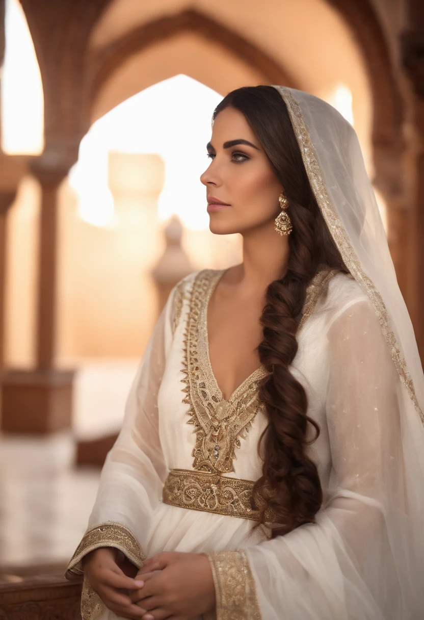 A woman with black brown and sharp hair, white-skinned, Wear Women's White Costume Islamic Kaftan ;veiled headscarves,Decency,Dresses are good.,Beautiful , Amazigh jewellery in Andalusia's palaces looks forward,medium:oil painting,detailed clothes,Detailed structure,Detailed patterns on clothes,Flowing sheer dress,Best Quality,Hi-Res,ultra-detailed image,soft lighting,tranquil atmosphere,Beautiful colors.