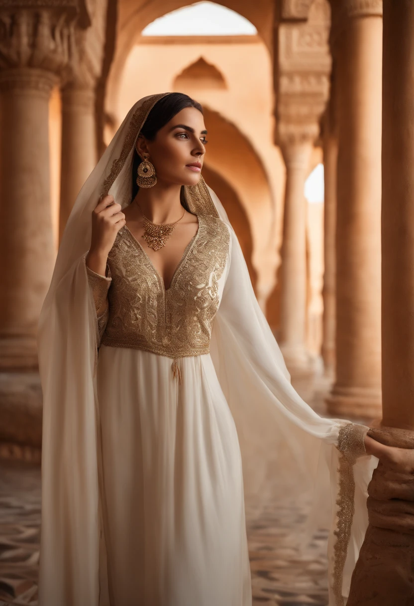 A woman with black brown and sharp hair, white-skinned, Wear Women's White Costume Islamic Kaftan ;veiled headscarves,Decency,Dresses are good.,Beautiful , Amazigh jewellery in Andalusia's palaces looks forward,medium:oil painting,detailed clothes,Detailed structure,Detailed patterns on clothes,Flowing sheer dress,Best Quality,Hi-Res,ultra-detailed image,soft lighting,tranquil atmosphere,Beautiful colors.