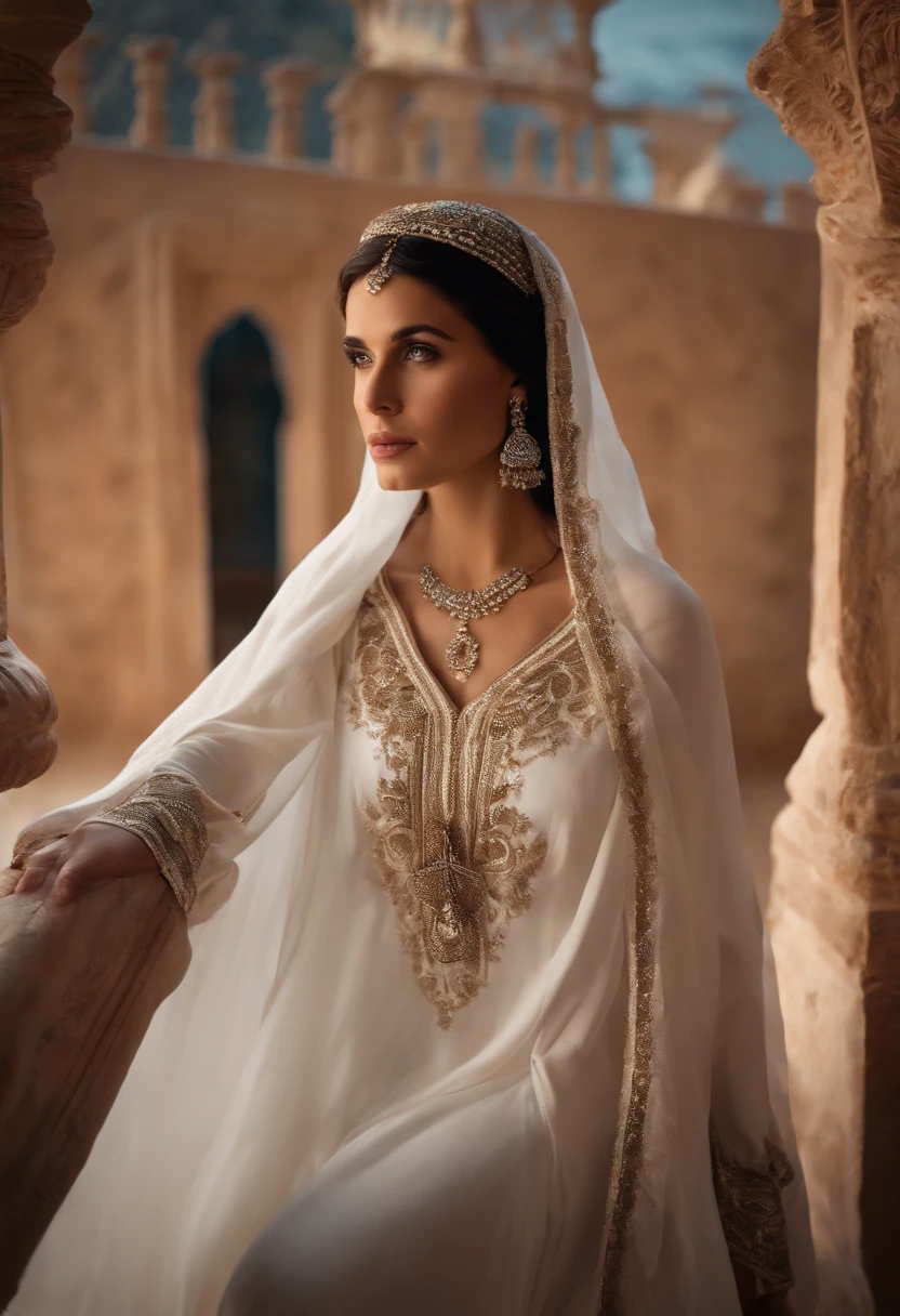 A woman with black brown and sharp hair, white-skinned, Wear Women's White Costume Islamic Kaftan ;veiled headscarves,Decency,Dresses are good.,Beautiful , Amazigh jewellery in Andalusia's palaces looks forward,medium:oil painting,detailed clothes,Detailed structure,Detailed patterns on clothes,Flowing sheer dress,Best Quality,Hi-Res,ultra-detailed image,soft lighting,tranquil atmosphere,Beautiful colors.