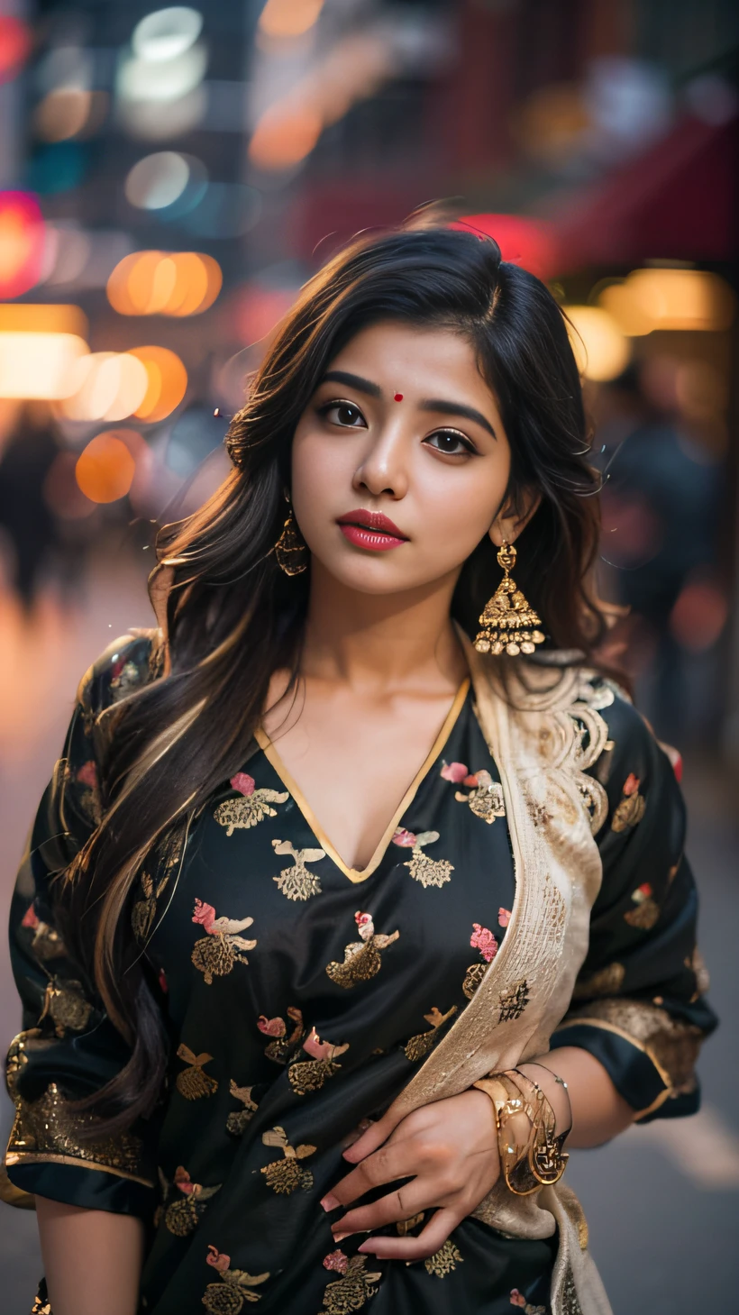 (((desi girl))), chubby face, natural skin, wearing hot deep neck top and dupatta, charming black hair, ((hair ends are blonde)), city streets background, bokeh