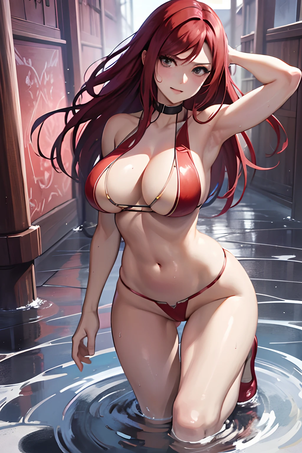 1girl, solo, erza scarlet, fairy tail, red hair, naked, nsfw, wet, , wet , nurse outfit, without accesoris, masturbation with her finger, brown eyes, breasts, , nipple boob, long hair, cleavage, hair over one eye, large breasts, midriff, looking at viewer, full body, 4k wallpaper, HD wallpaper, 4k art,