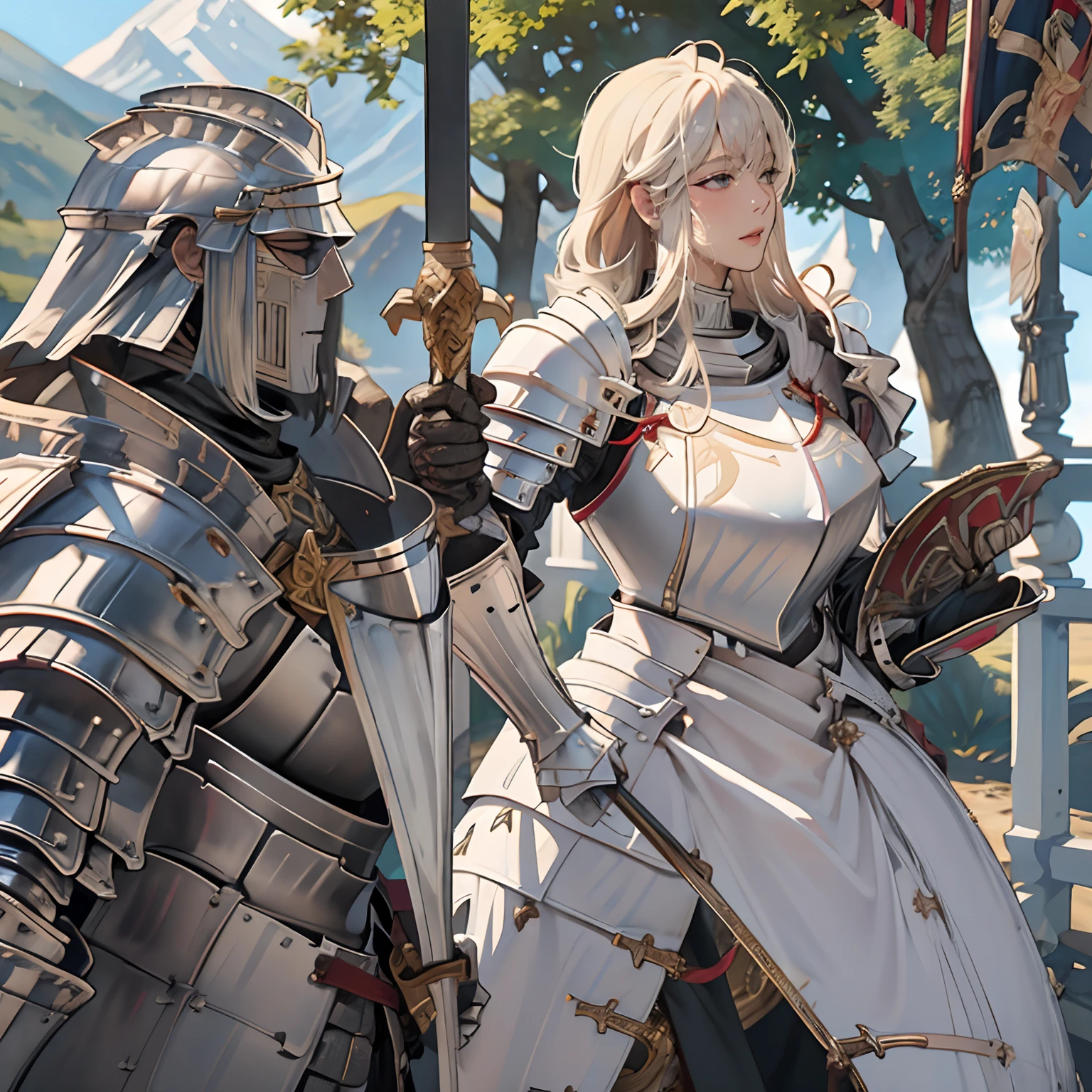 Women in Their 20s、1 persons、a close up of a woman in armor holding a sword, armor girl, Female knight, large full breasts、full armor, full armor, Gorgeous Female Paladin, Female knight, of a beautiful female knight, Beautiful armor, Plump、thick waist、full armor, s Armor、Gorgeous full-body armor, stunning armor, Trending on ArtStation pixiv, beautiful female knight、holding a greatsword、Great Sword of Steel、Looking here、Staring at me、by lake、White battle flags are lined up、A large army in the distance behind、Forest and mountains in the background