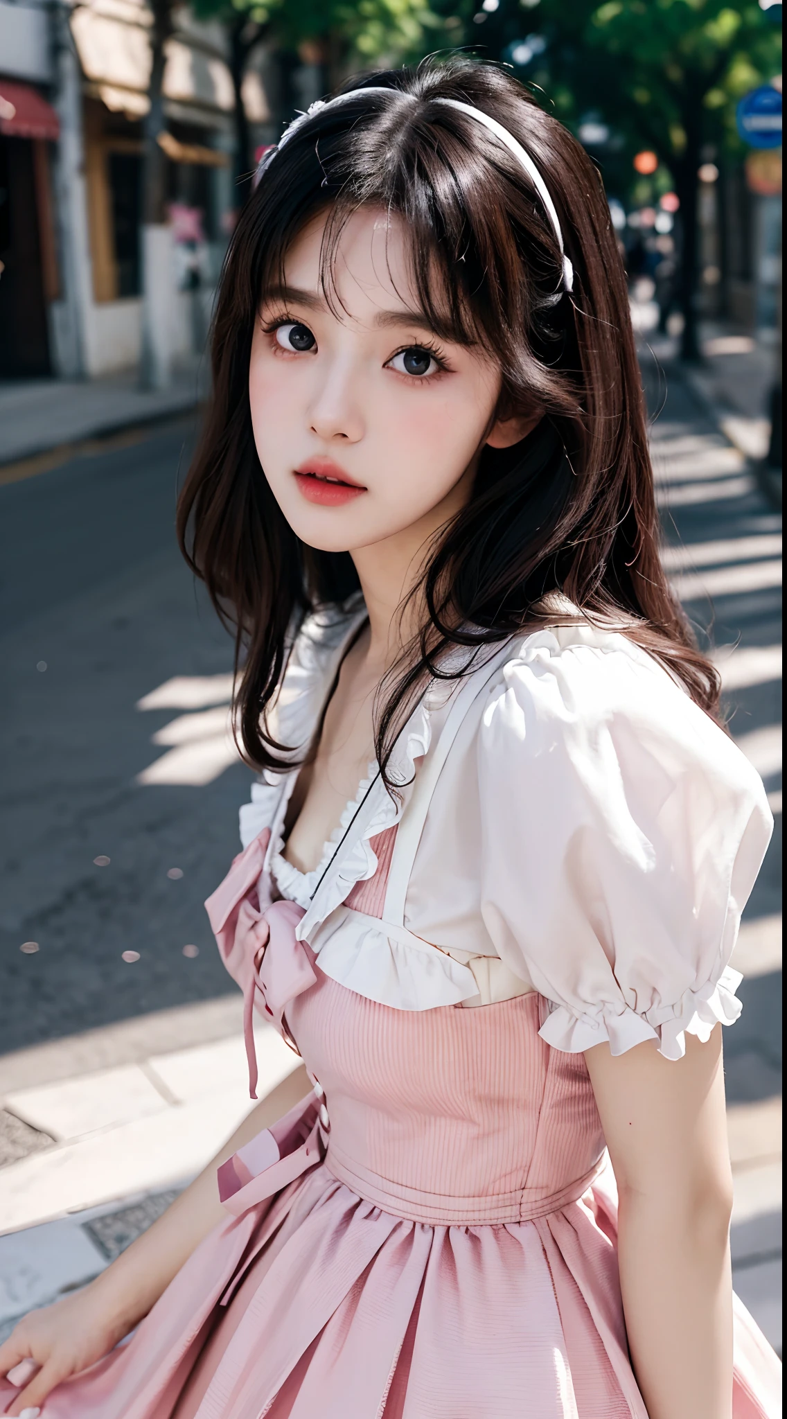 (Best quality,16k,High resolution photography:1.2), ta style, Wearing Lolilothes, Korean and Japanese beautiful girls, Street background, Vibrant colors, Detailed eyes and lips, Ultra-fine painting, Sharp focus, Studio lighting