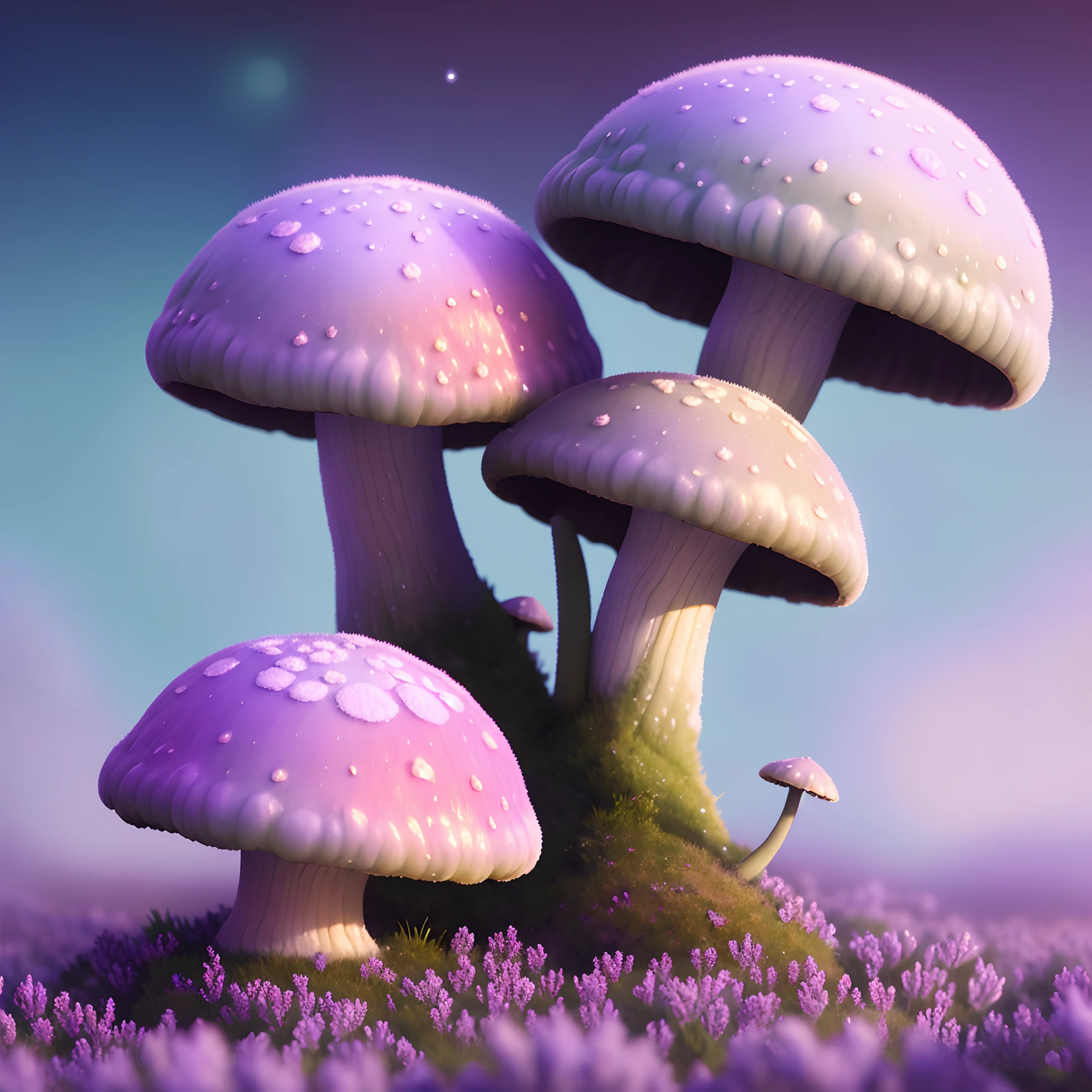 Oil painting of a cosy vintage tiny cute fungi, on a icy planet, in a. lavender haze, octane render by weta digital, exotic colorful pastel, ray traced lighting and reflections by Yoji shinkawa